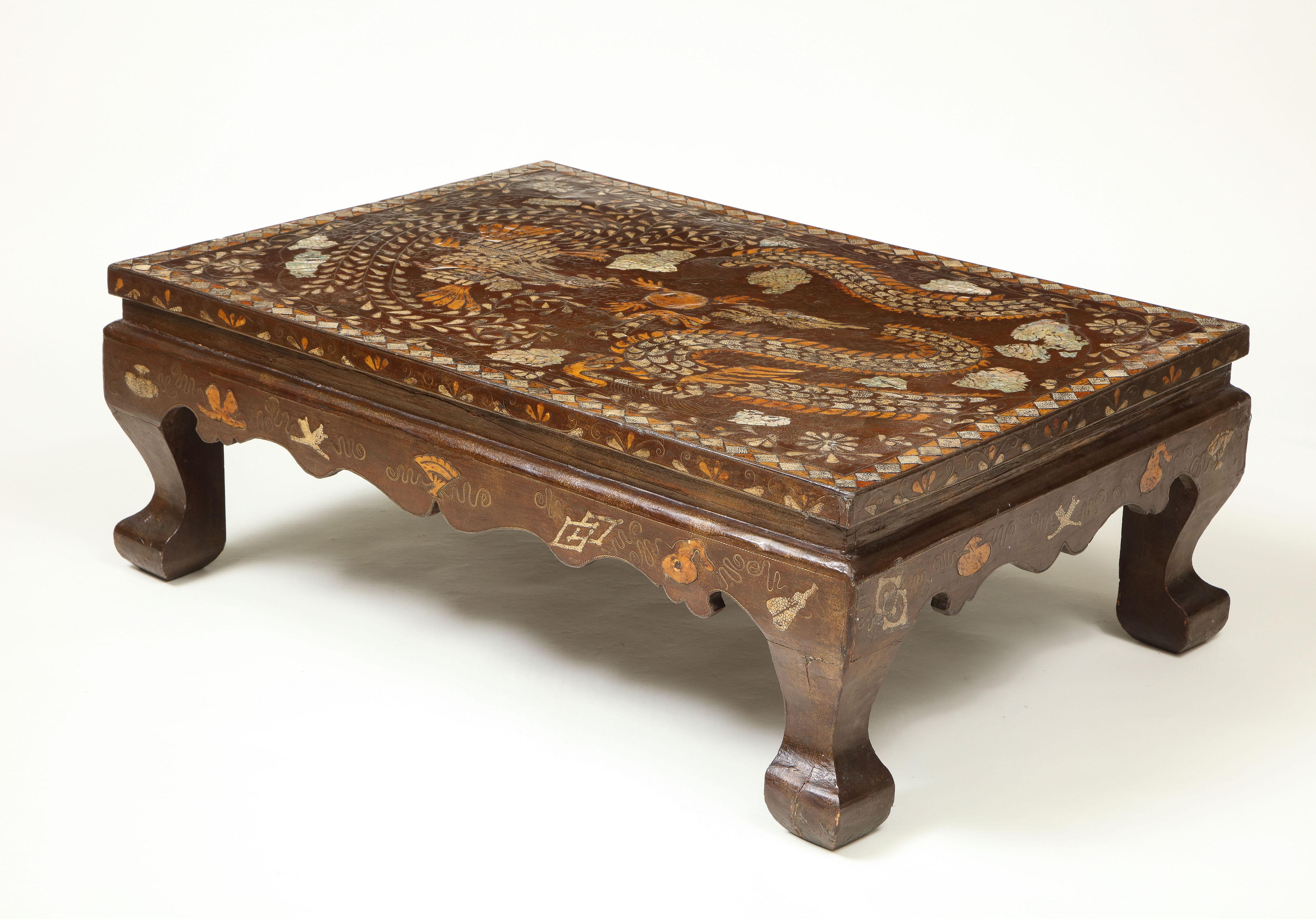Brown Lacquer and Mother of Pearl Inlaid Low Table In Good Condition In New York, NY