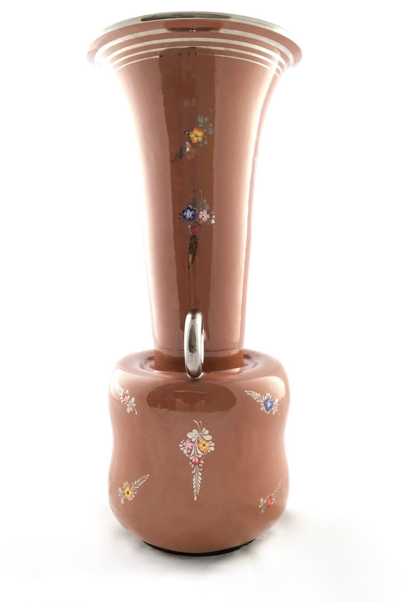 Mid-Century Modern Vintage Brown Lacquered and Hand Painted Terracotta Deruta Amphora Vase, Italy For Sale