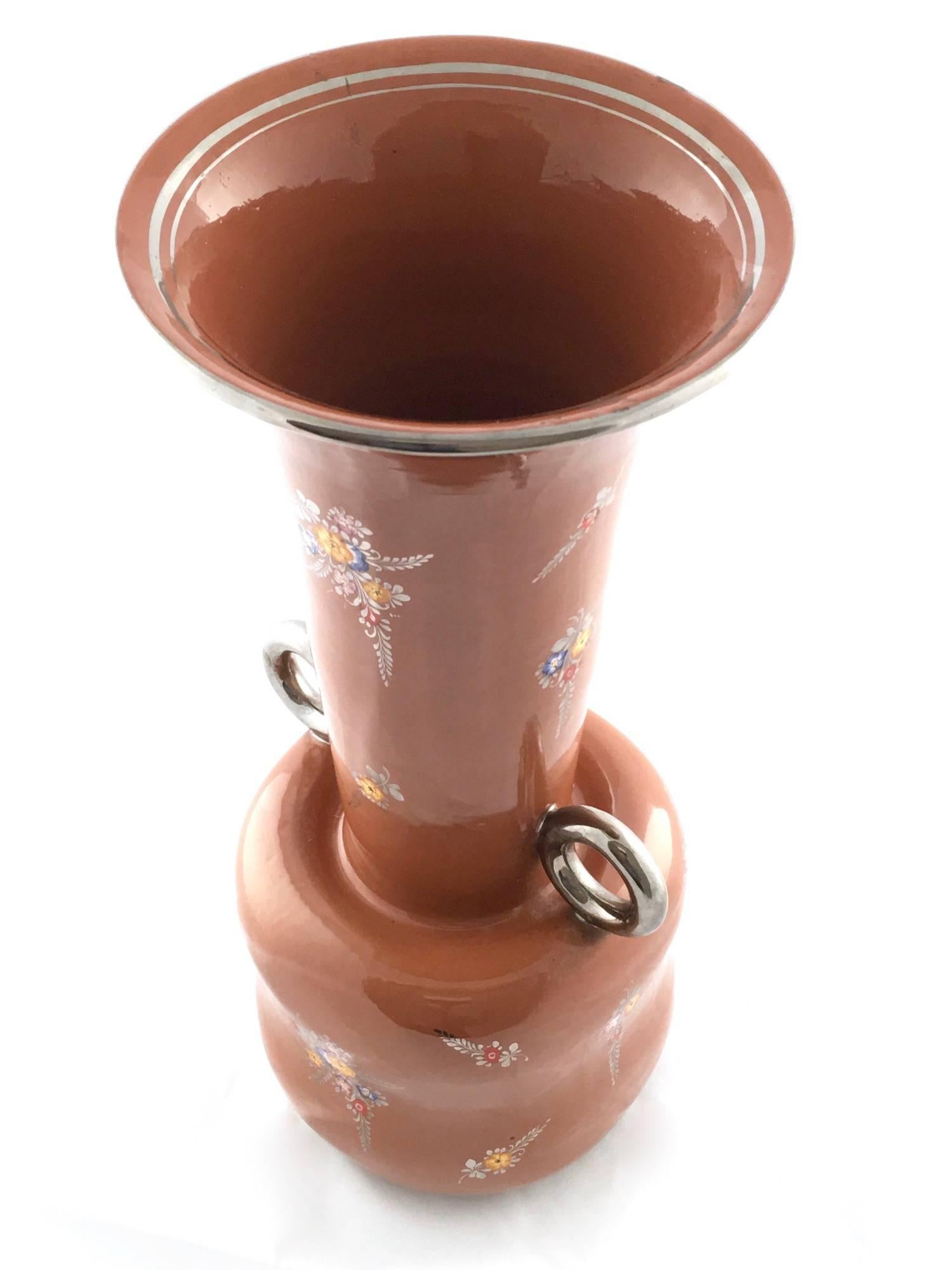 Italian Brown Lacquered and Hand Painted Terracotta Deruta Amphora Vase, Italy For Sale