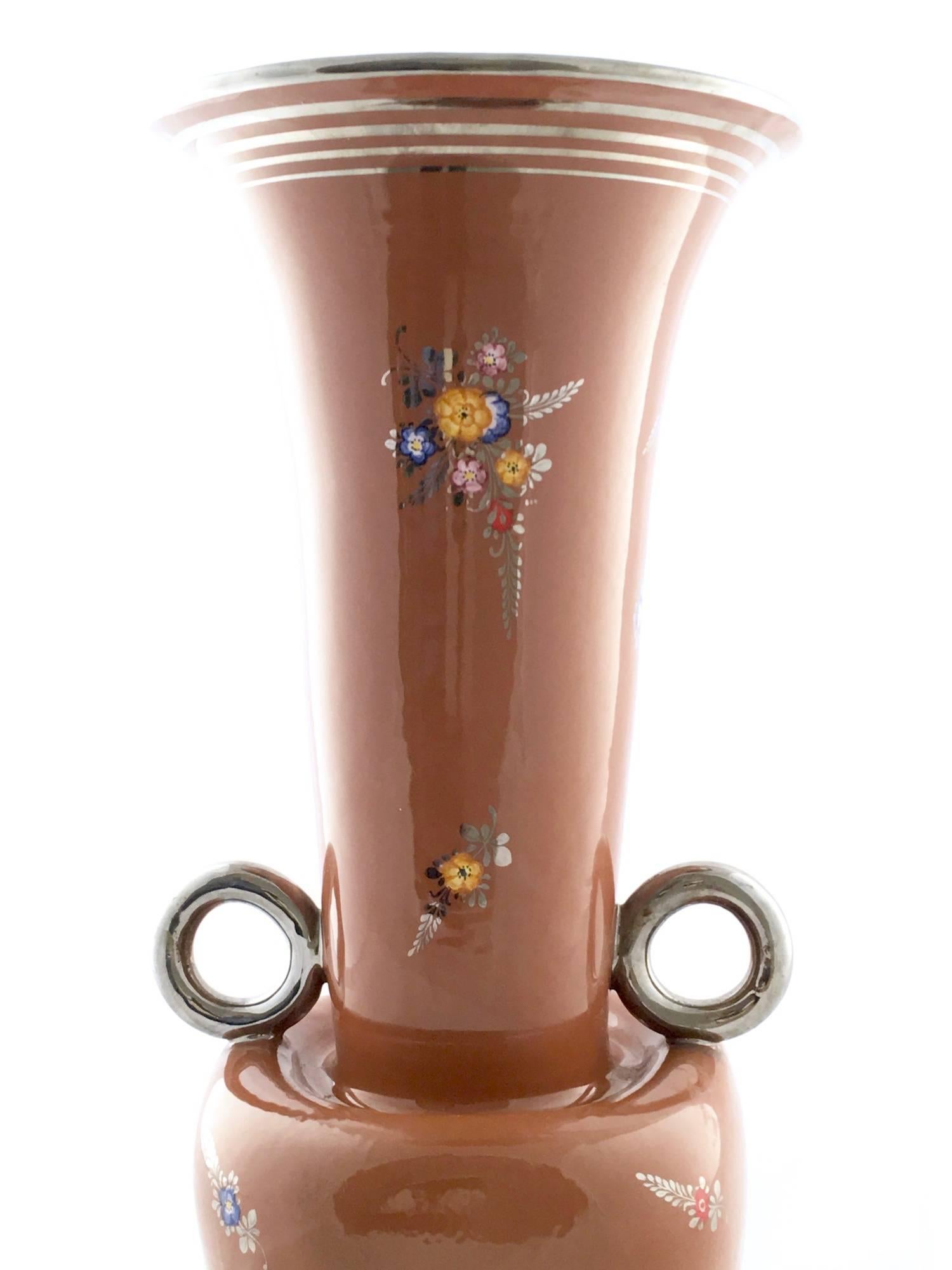 Vintage Brown Lacquered and Hand Painted Terracotta Deruta Amphora Vase, Italy For Sale 1