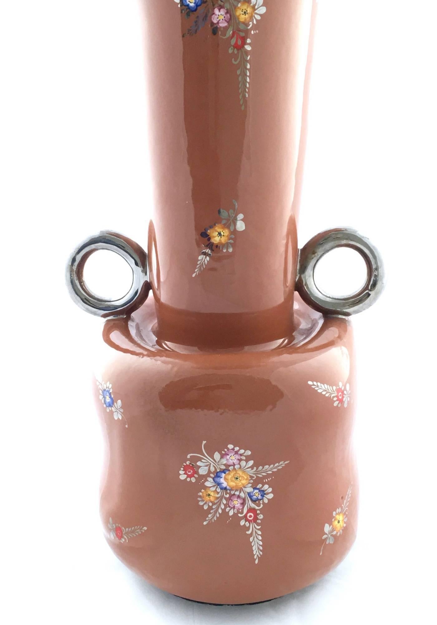 Brown Lacquered and Hand Painted Terracotta Deruta Amphora Vase, Italy For Sale 1