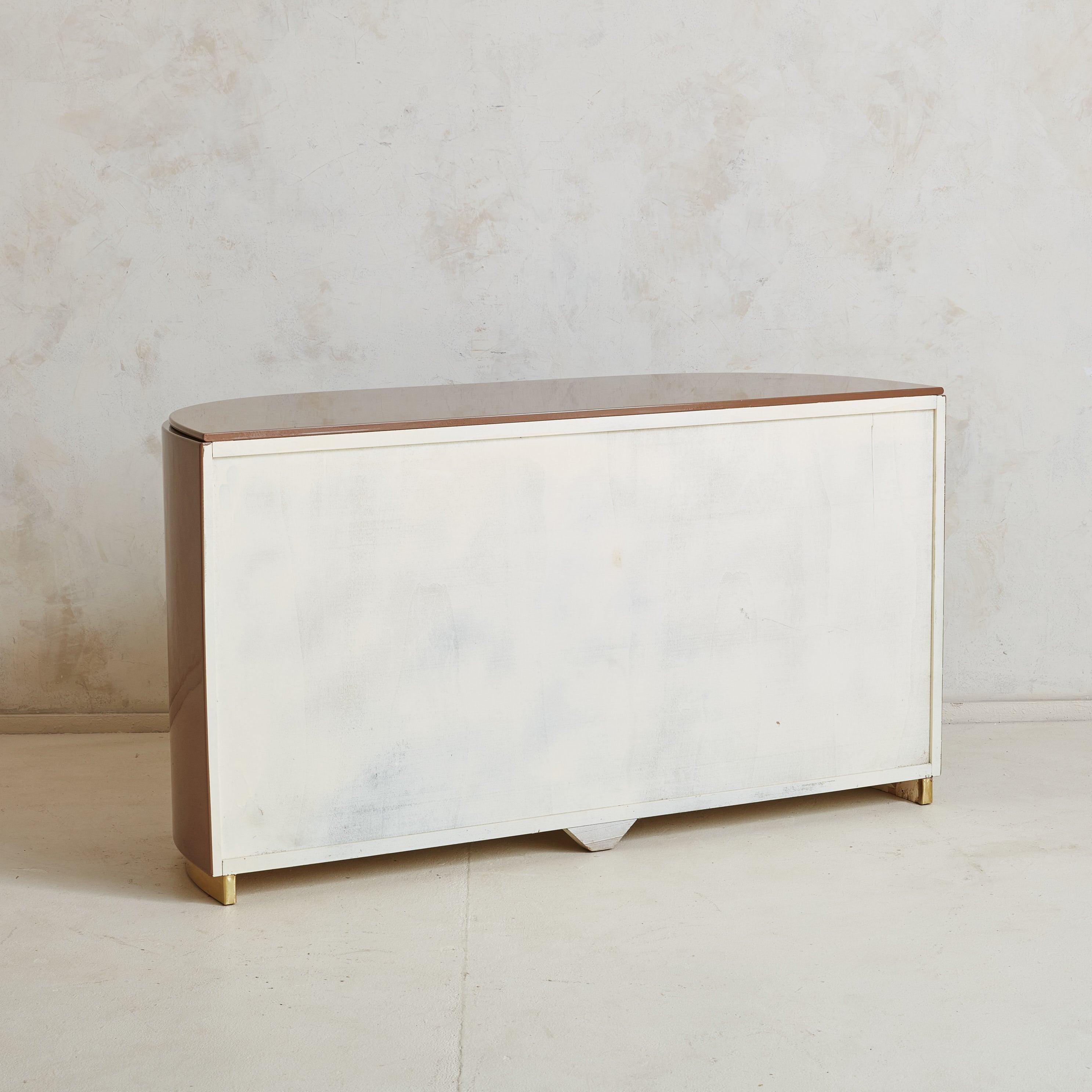 Wood Brown Lacquered Demilune Credenza with Brass Details Attributed to Mario Sabot For Sale