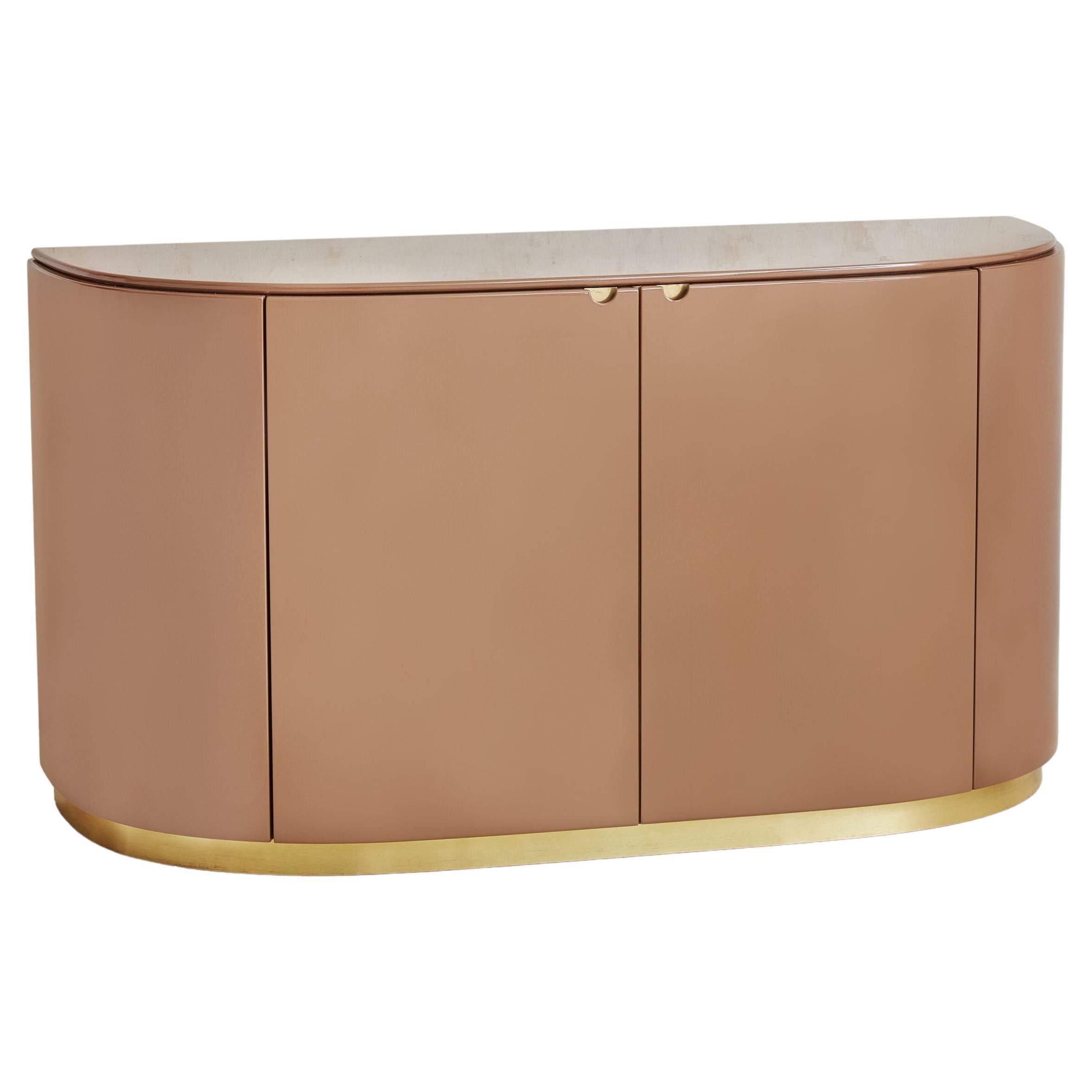 Brown Lacquered Demilune Credenza with Brass Details Attributed to Mario Sabot For Sale
