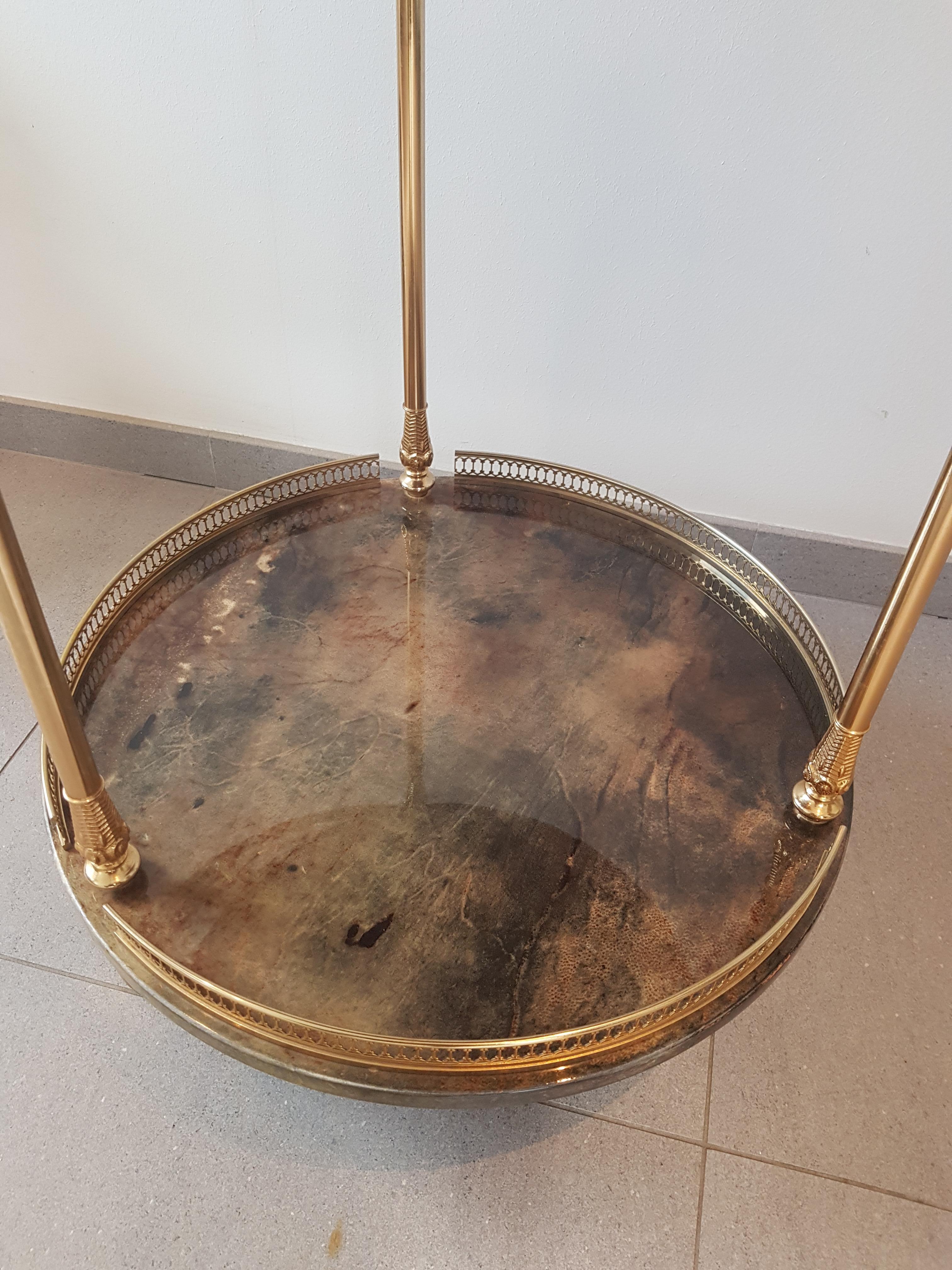 Brass Brown Lacquered Goatskin Cocktail Trolley by Aldo Tura For Sale