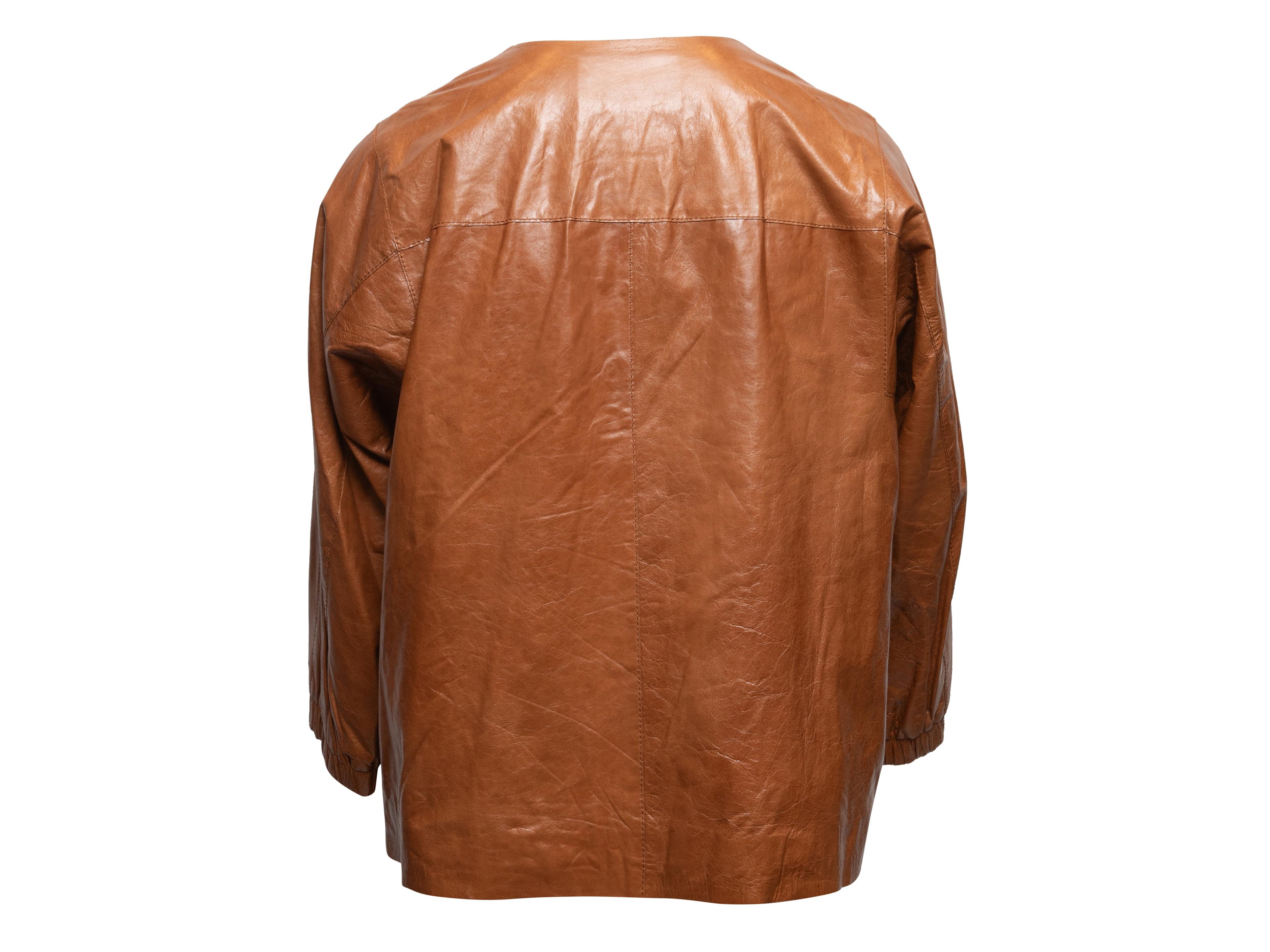 Women's or Men's Brown Lafayette 148 Leather Collarless Jacket Size US M For Sale