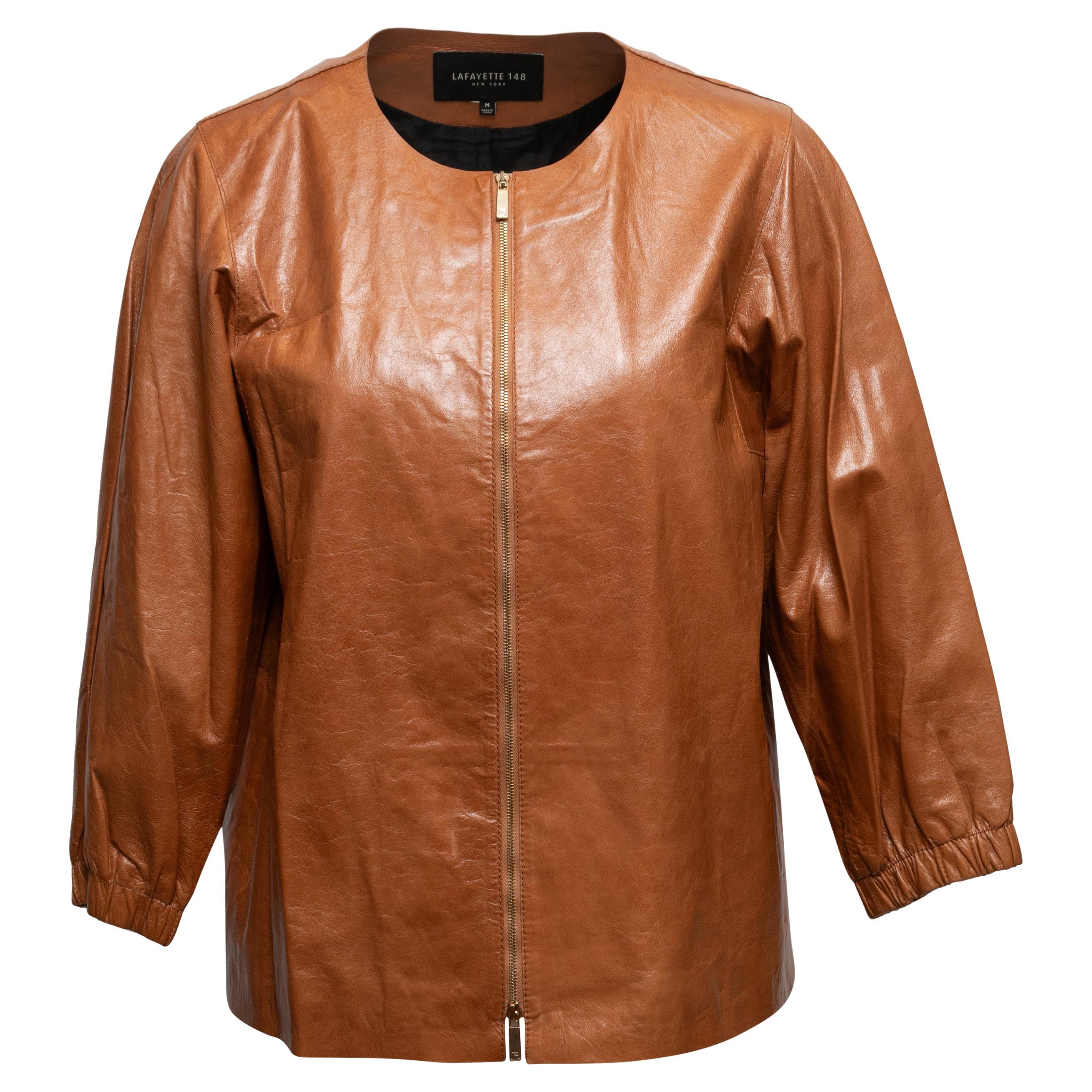 Brown Lafayette 148 Leather Collarless Jacket Size US M For Sale