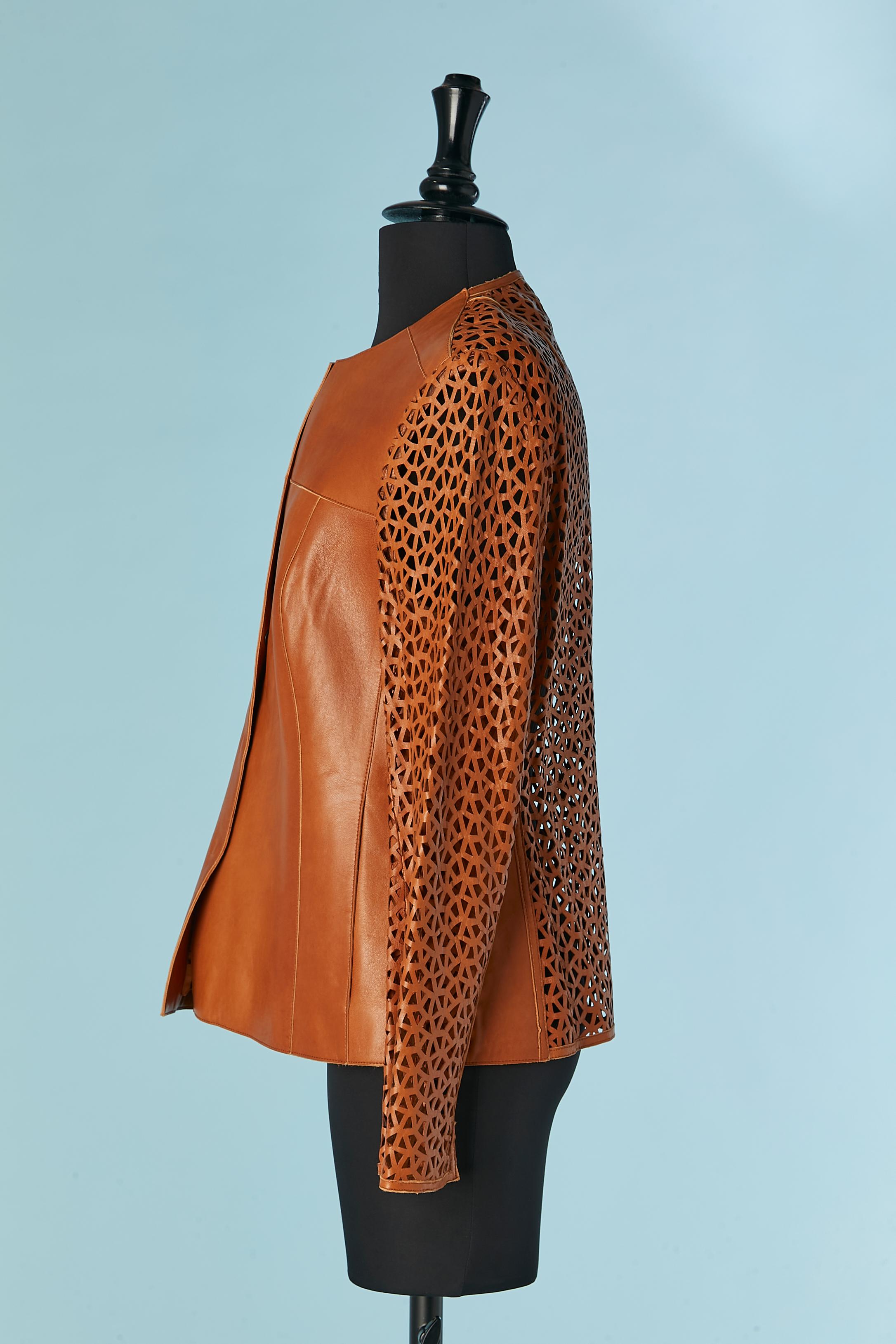 Women's Brown lamb nappa leather jacket with laser cut  AKRIS for Bergdorf Goodman For Sale
