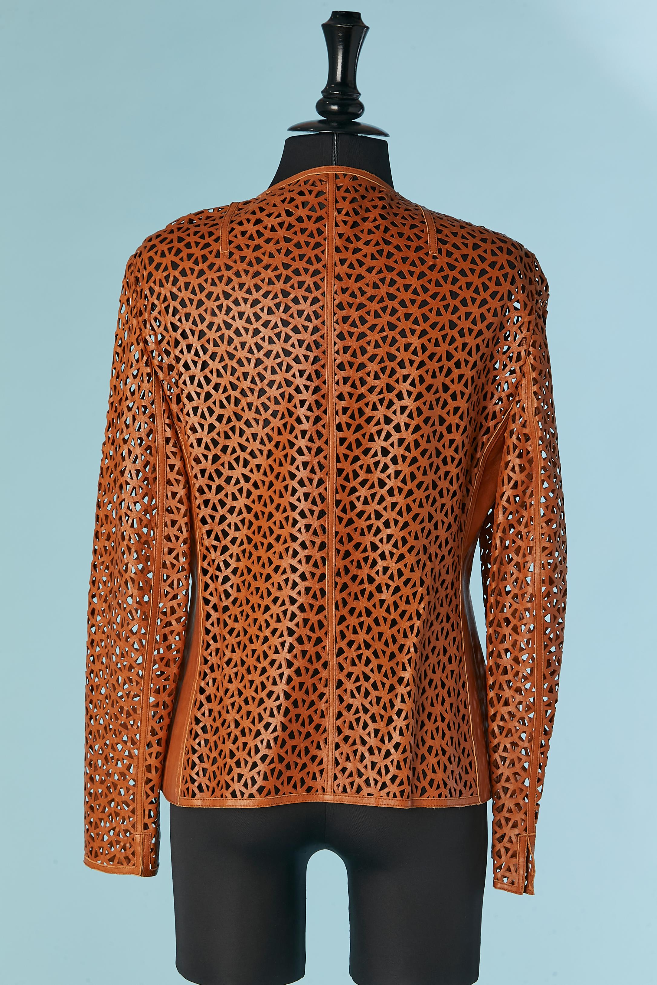 Brown lamb nappa leather jacket with laser cut  AKRIS for Bergdorf Goodman For Sale 1