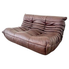 Brown Leather 2 Seater Togo Sofa by Ligne Roset, 1980s France