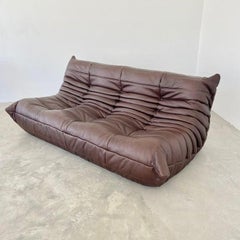 Canapé Togo 3 Seater en cuir marron de Ligne Roset, France, années 1980
