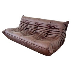 Brown Leather 3 Seater Togo Sofa by Ligne Roset, 1980s France