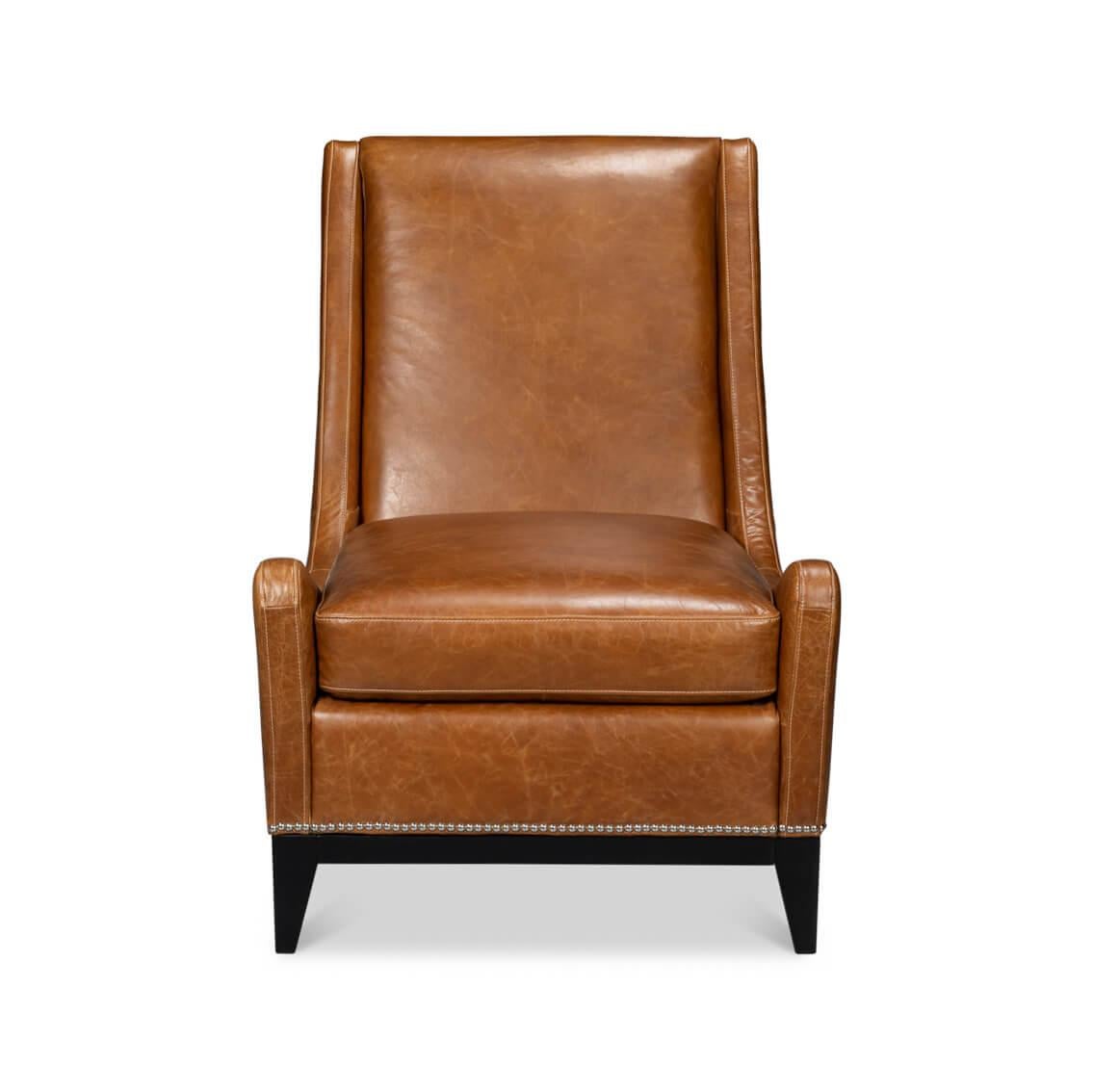 Dieser mit viel Liebe zum Detail gefertigte Sessel besteht aus geschmeidigem, genarbtem Leder, das Sie zum Sitzen und Entspannen einlädt. Das warme, satte kubanisch-braune Leder wird durch die klassische Nagelkopfverzierung wunderbar ergänzt und
