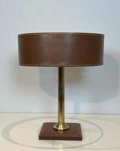 Brown Leather and Brass Desk Lamp in the Style of Jacques Adnet, circa 1970
