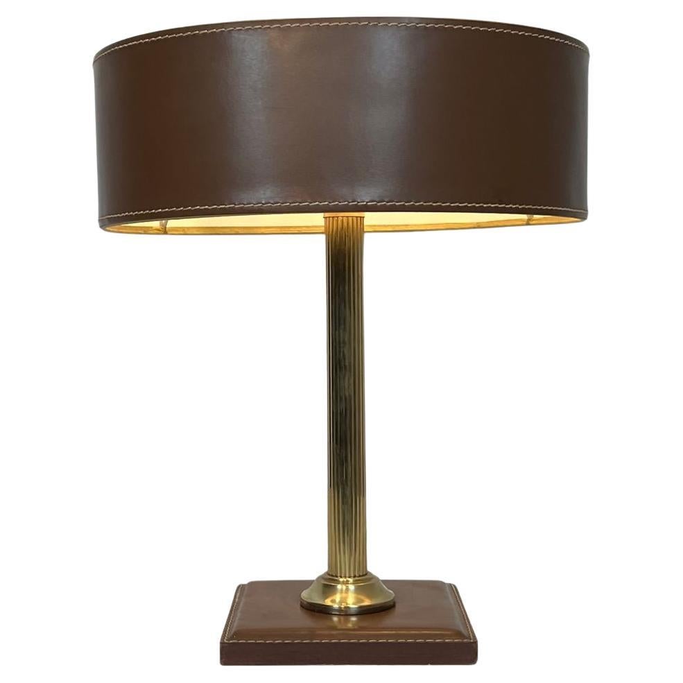 Brown Leather and Brass Desk Lamp in the Style of Jacques Adnet, circa 1970