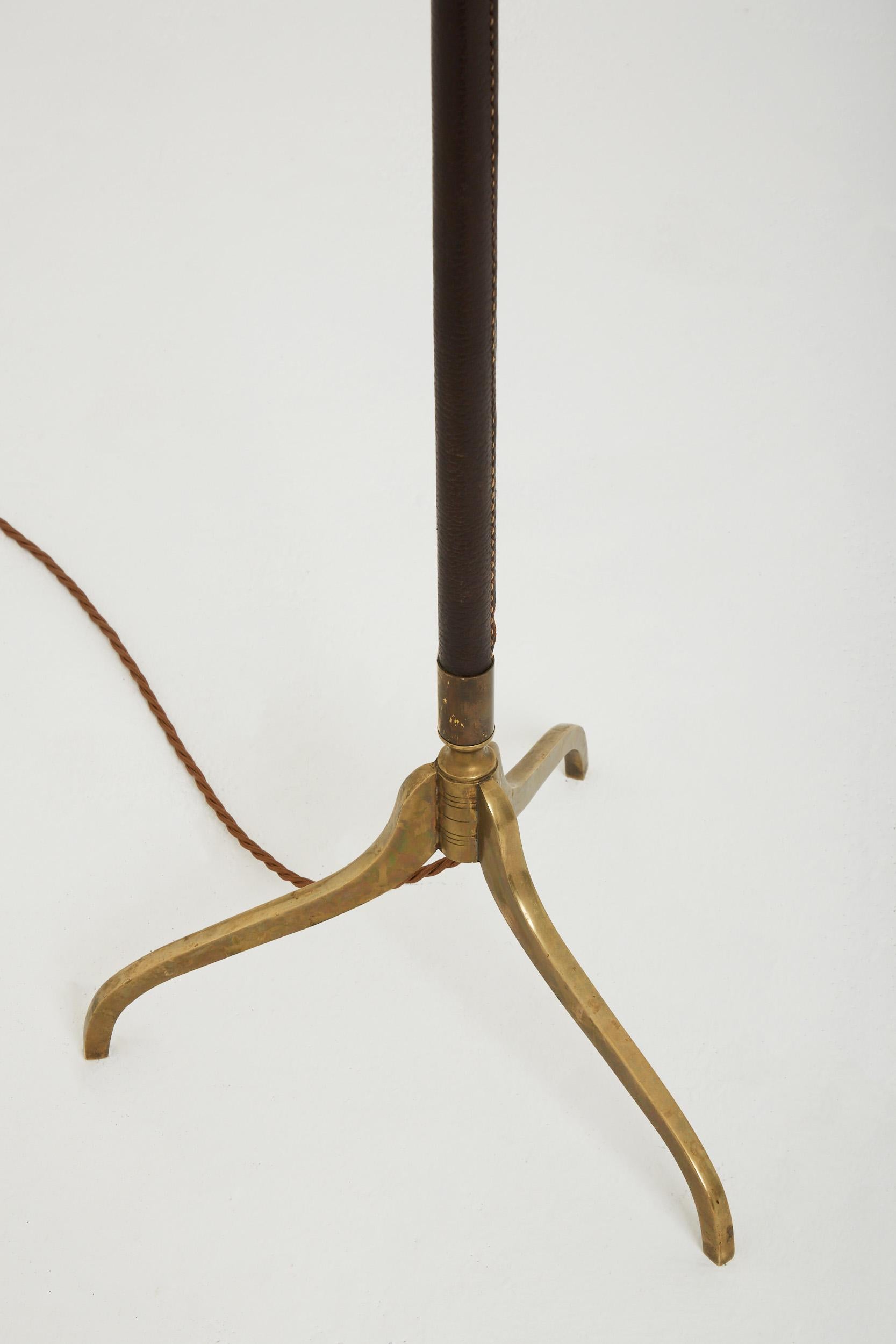 Mid-Century Modern Brown Leather and Brass Floor Lamp