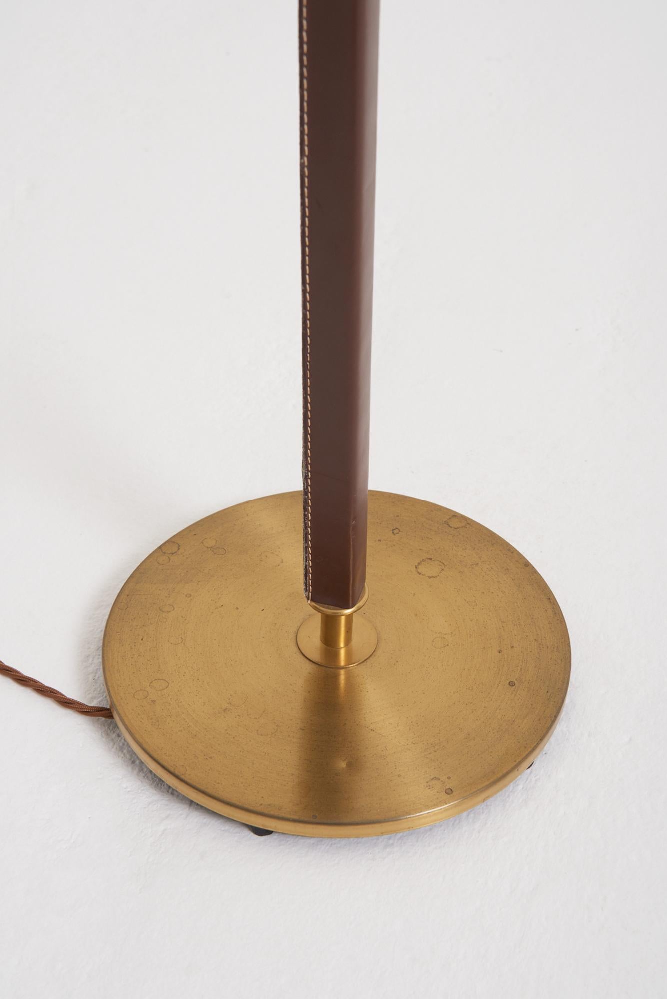 Swedish Brown Leather and Brass Floor Lamp For Sale