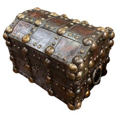 Antique Brown Leather And Brass Small Trunk, Italy, 19th Century