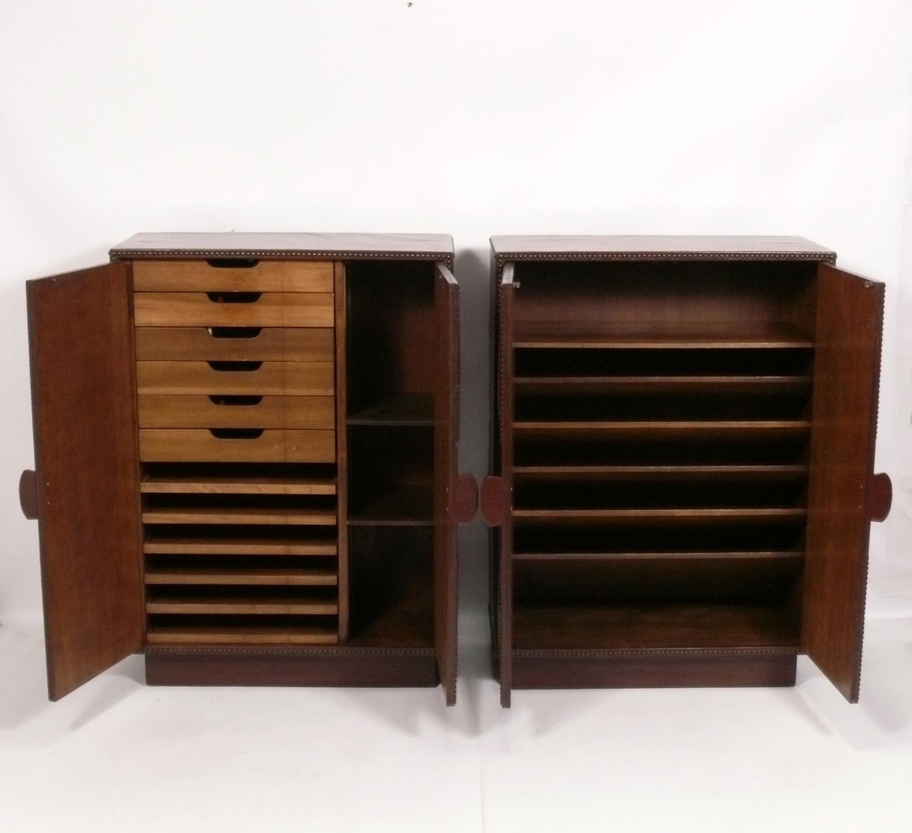 Art Deco Brown Leather and Brass Studded Cabinets, circa 1930s