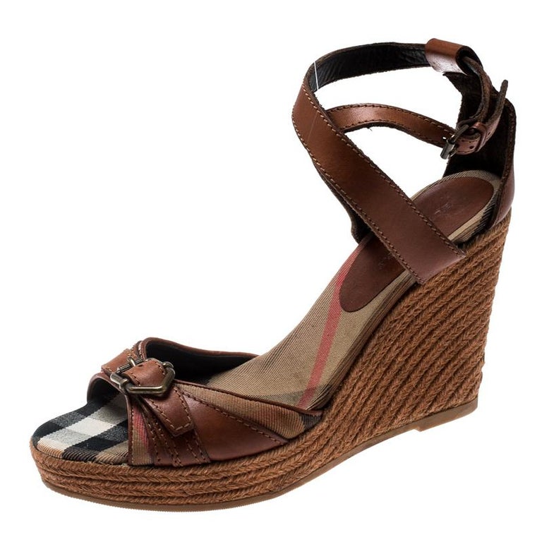 Brown Leather And Canvas Espadrille Ankle Wrap Wedge Platform Sandals ...