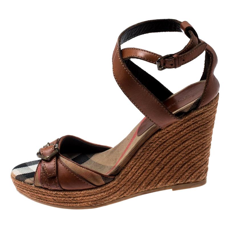 Brown Leather And Canvas Espadrille Ankle Wrap Wedge Platform Sandals Size  40 For Sale at 1stDibs