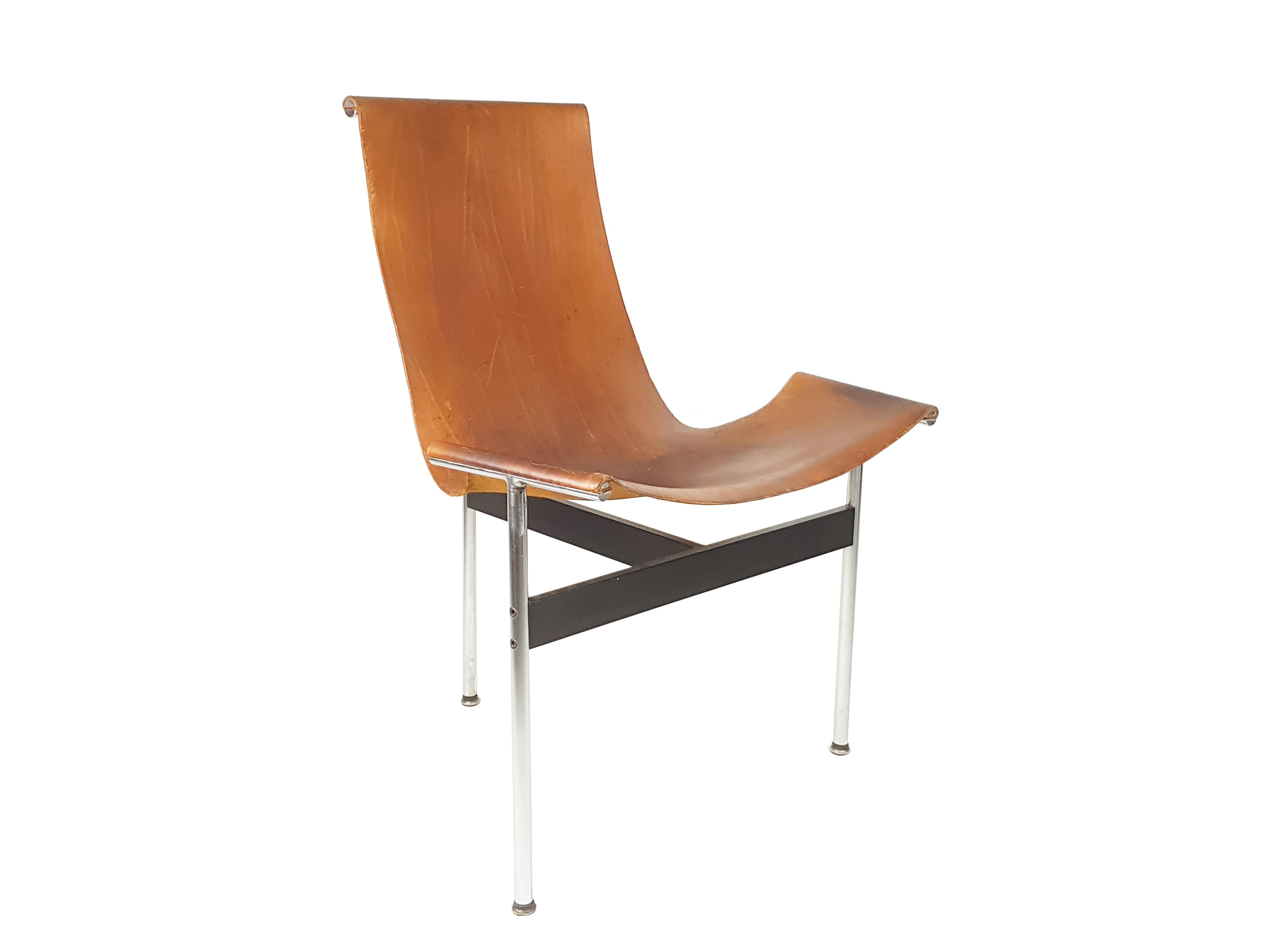 Mid-Century Modern Brown Leather and Chrome Metal 3LC 