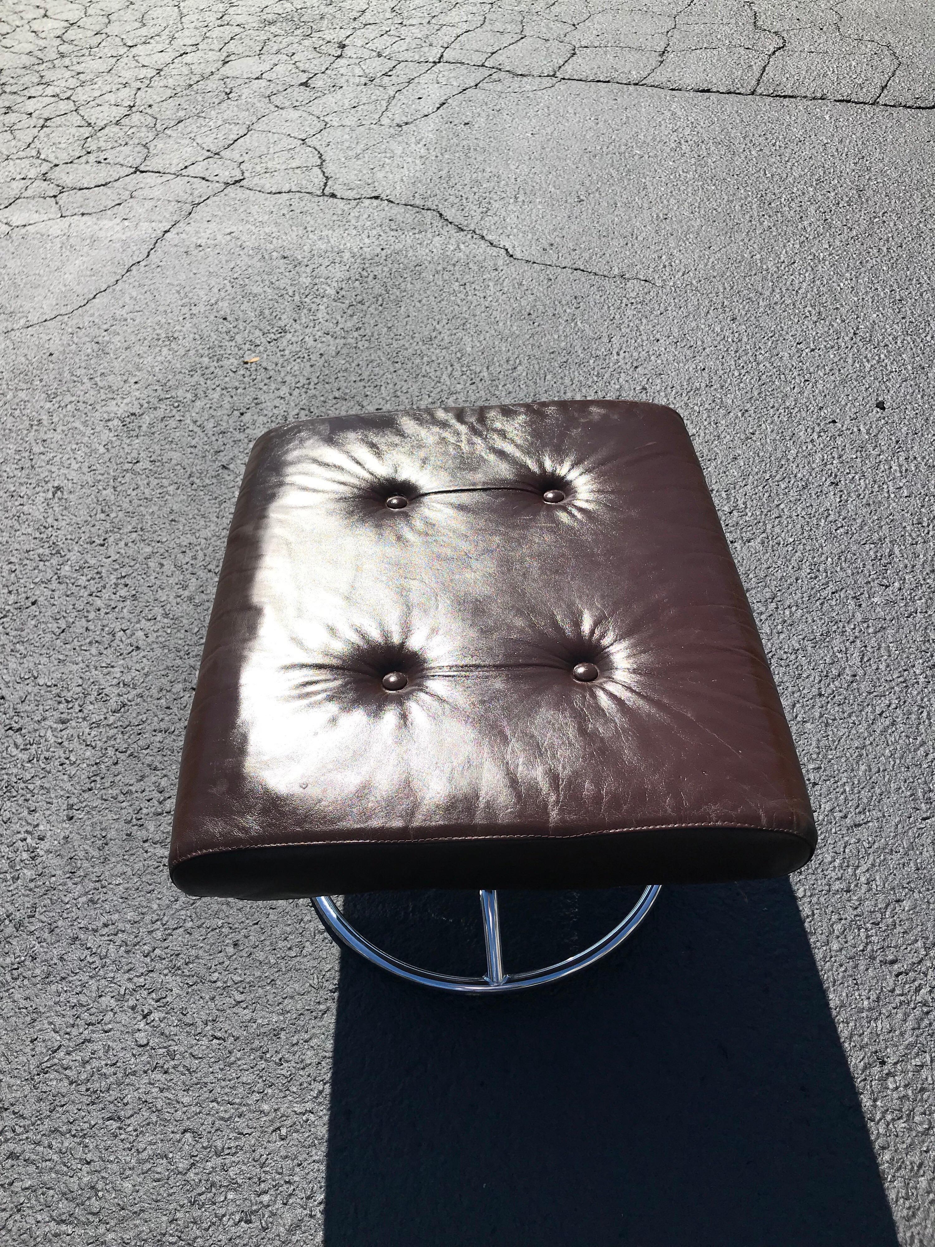 Mid-20th Century Brown Leather and Chrome Plycraft Ottoman
