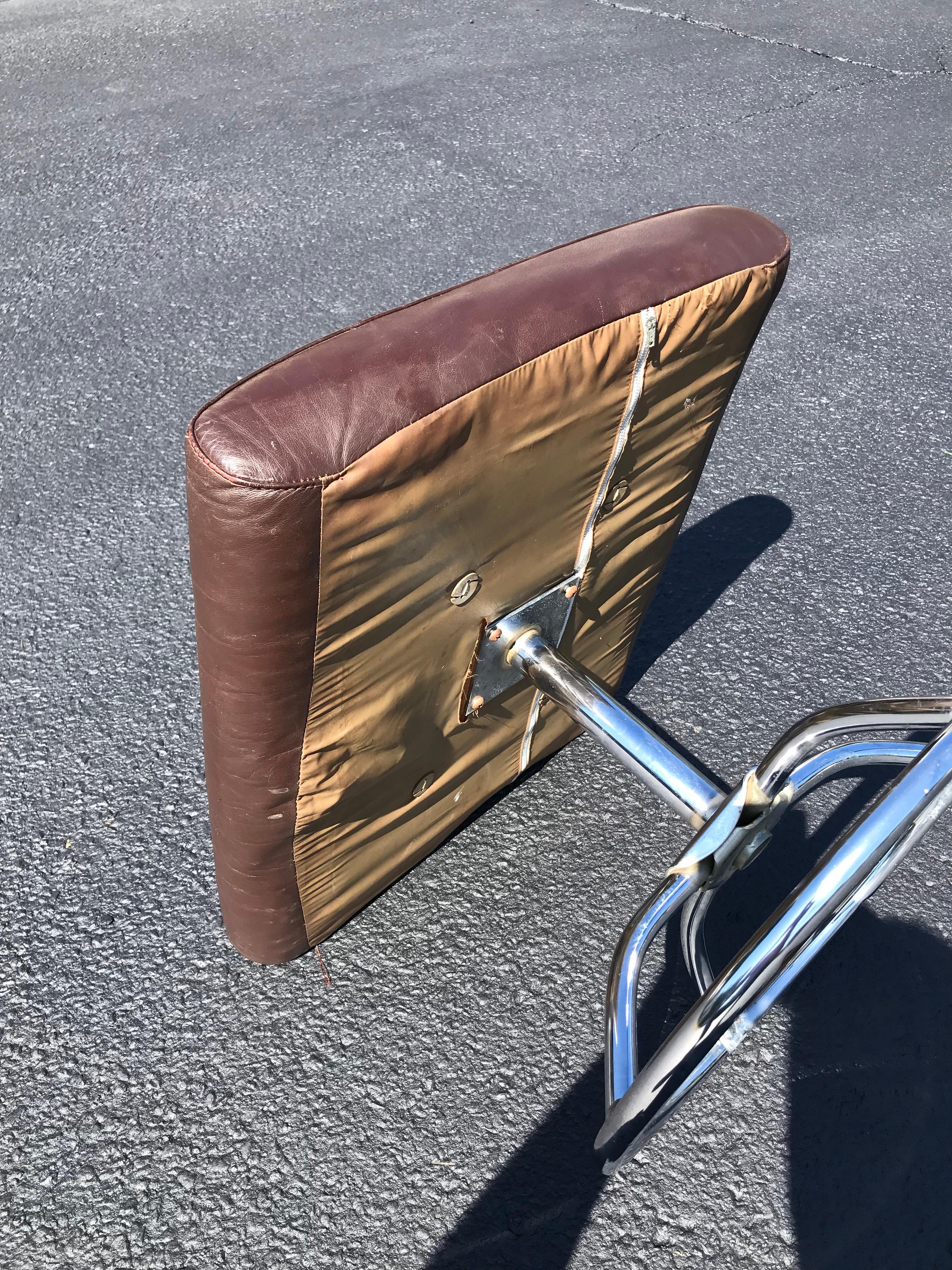 Brown Leather and Chrome Plycraft Ottoman 1