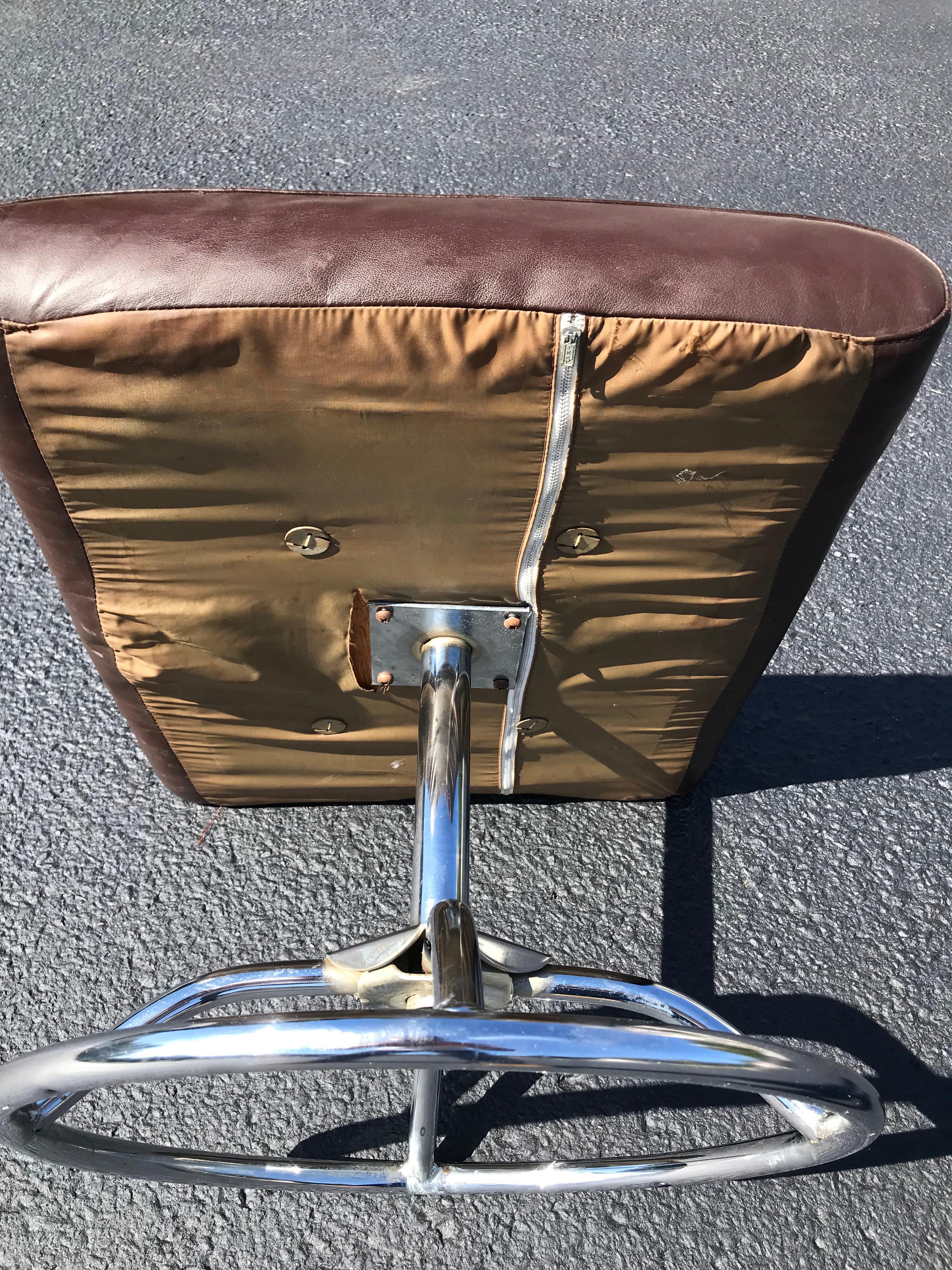 Brown Leather and Chrome Plycraft Ottoman 3