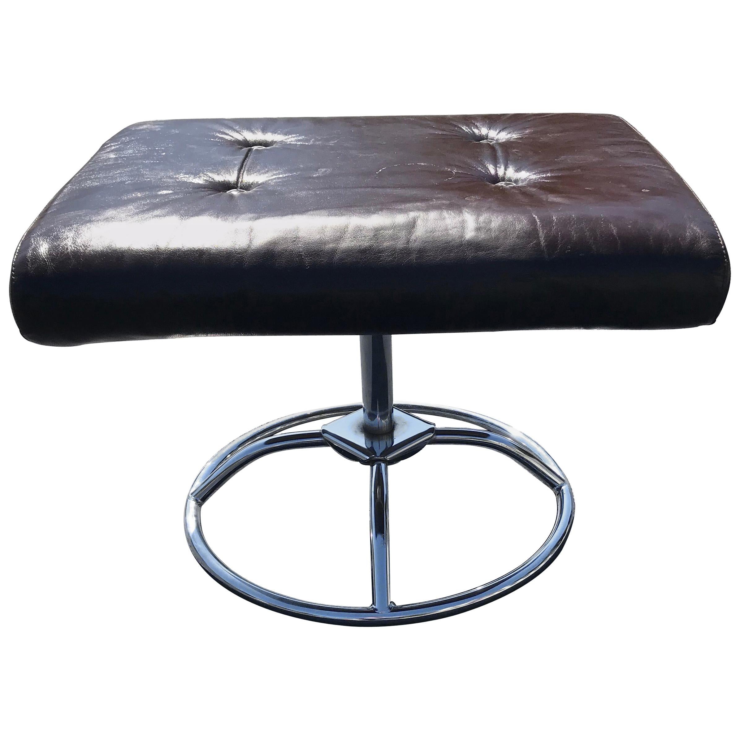 Brown Leather and Chrome Plycraft Ottoman