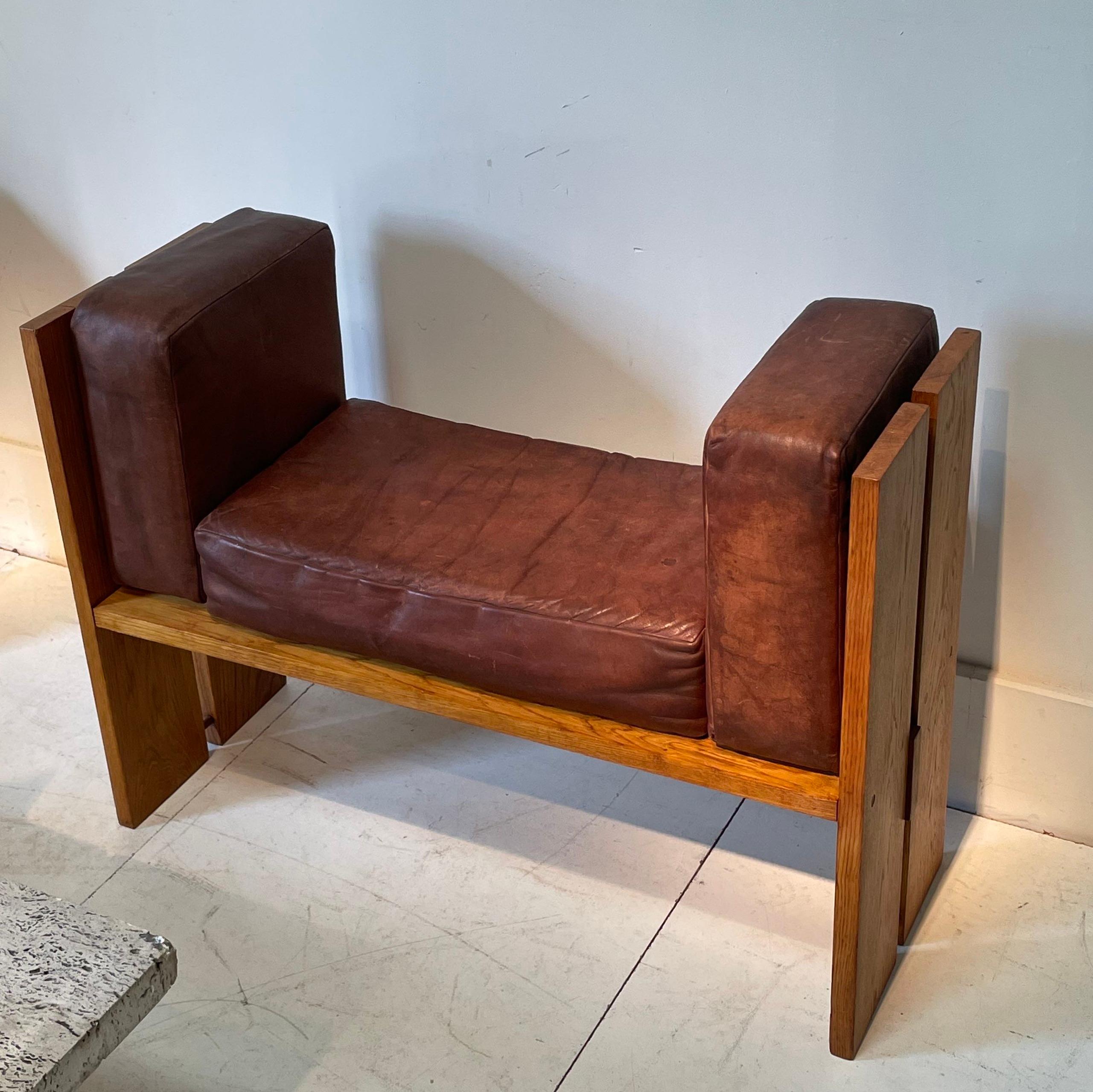 Italian Brown Leather and Oak Pair Tobia Scarpa Benches, Italy, 1970s