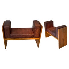 Brown Leather and Oak Pair Tobia Scarpa Benches, Italy, 1970s