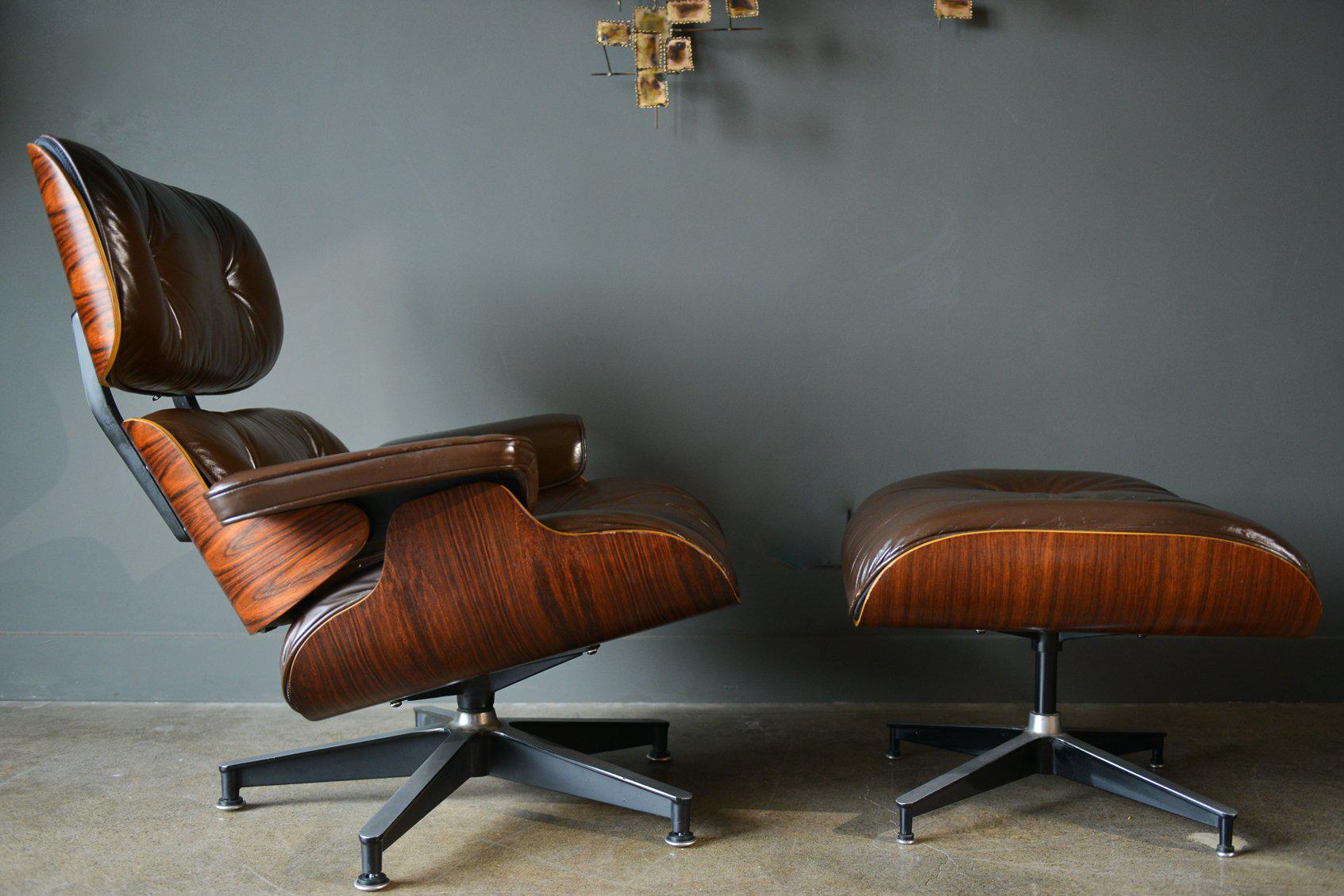 Brown Leather and Rosewood Eames Lounge Chair and Ottoman 2