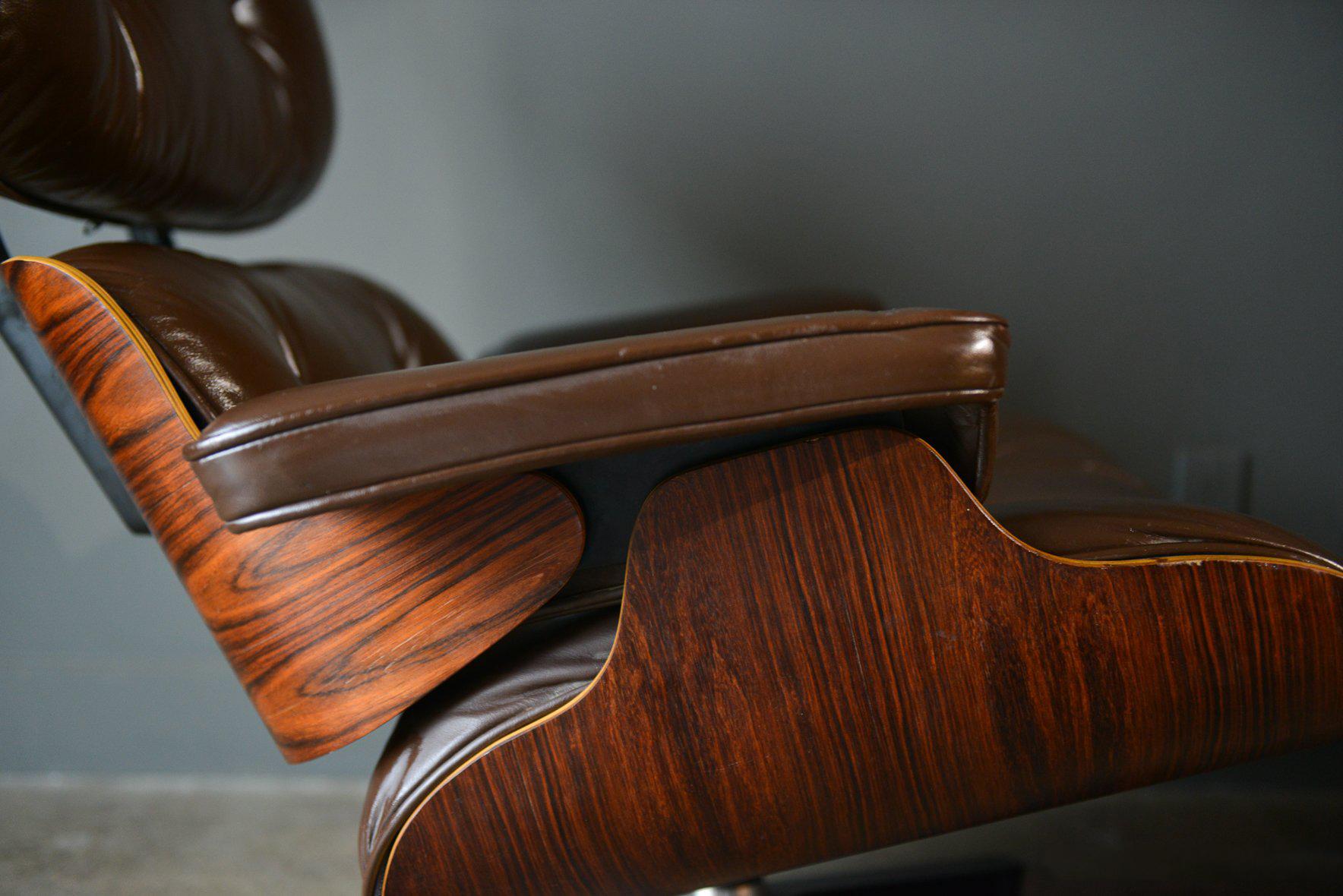 Mid-Century Modern Brown Leather and Rosewood Eames Lounge Chair and Ottoman