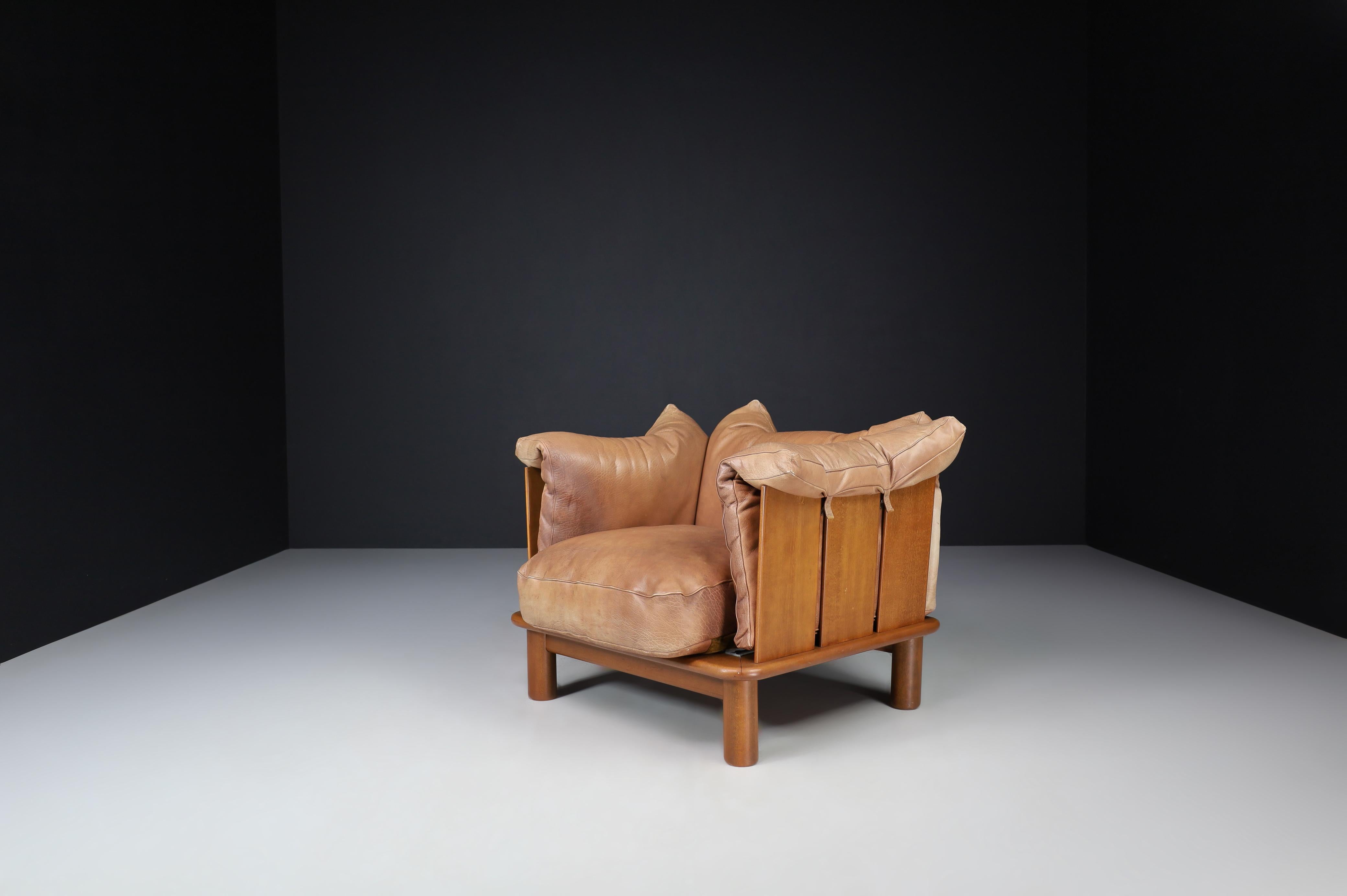 Brown Leather and Walnut Lounge Chairs from De Pas, D'Urbino Lomazzi for Padova 7
