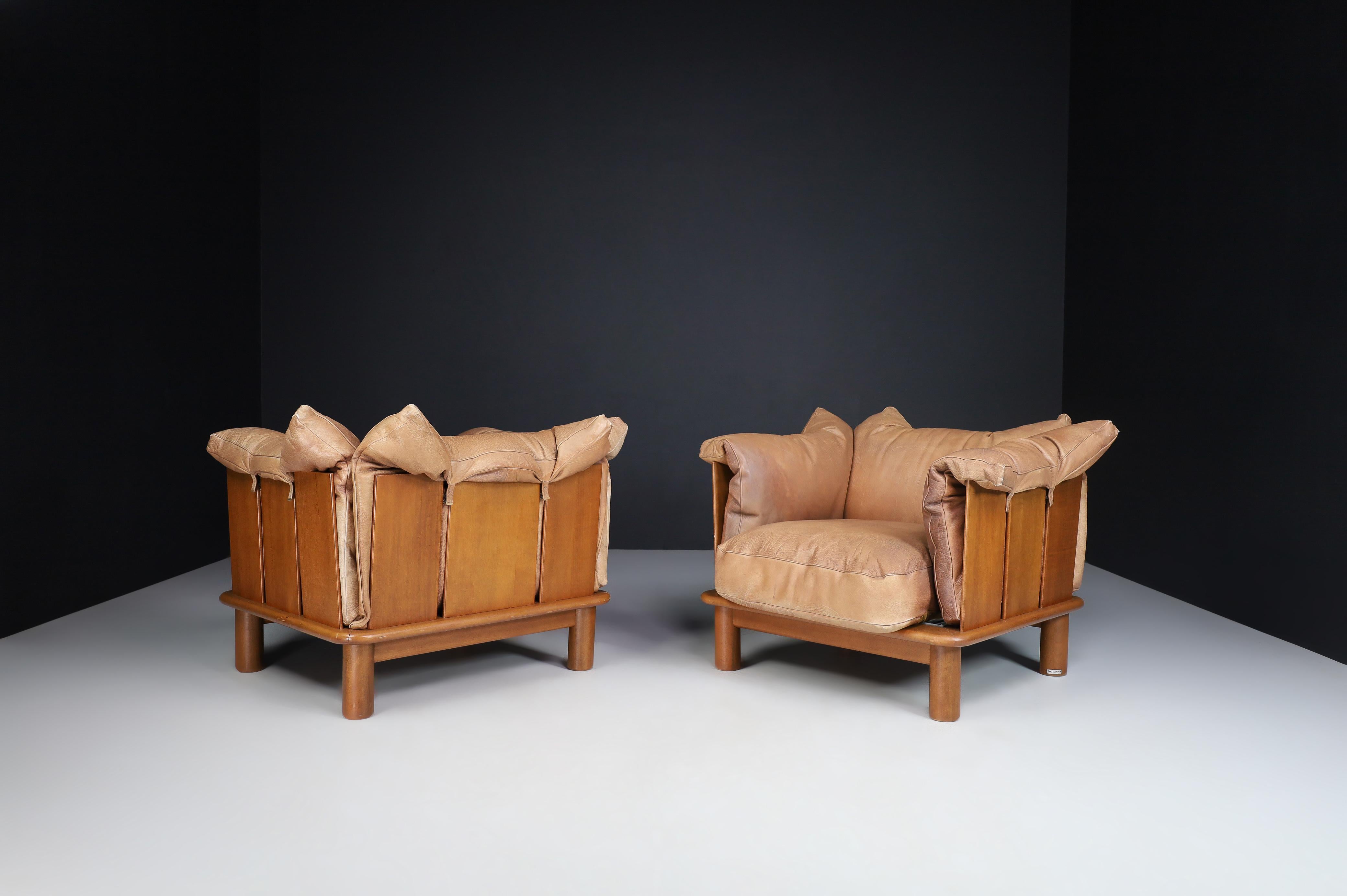 Mid-Century Modern Brown Leather and Walnut Lounge Chairs from De Pas, D'Urbino Lomazzi for Padova