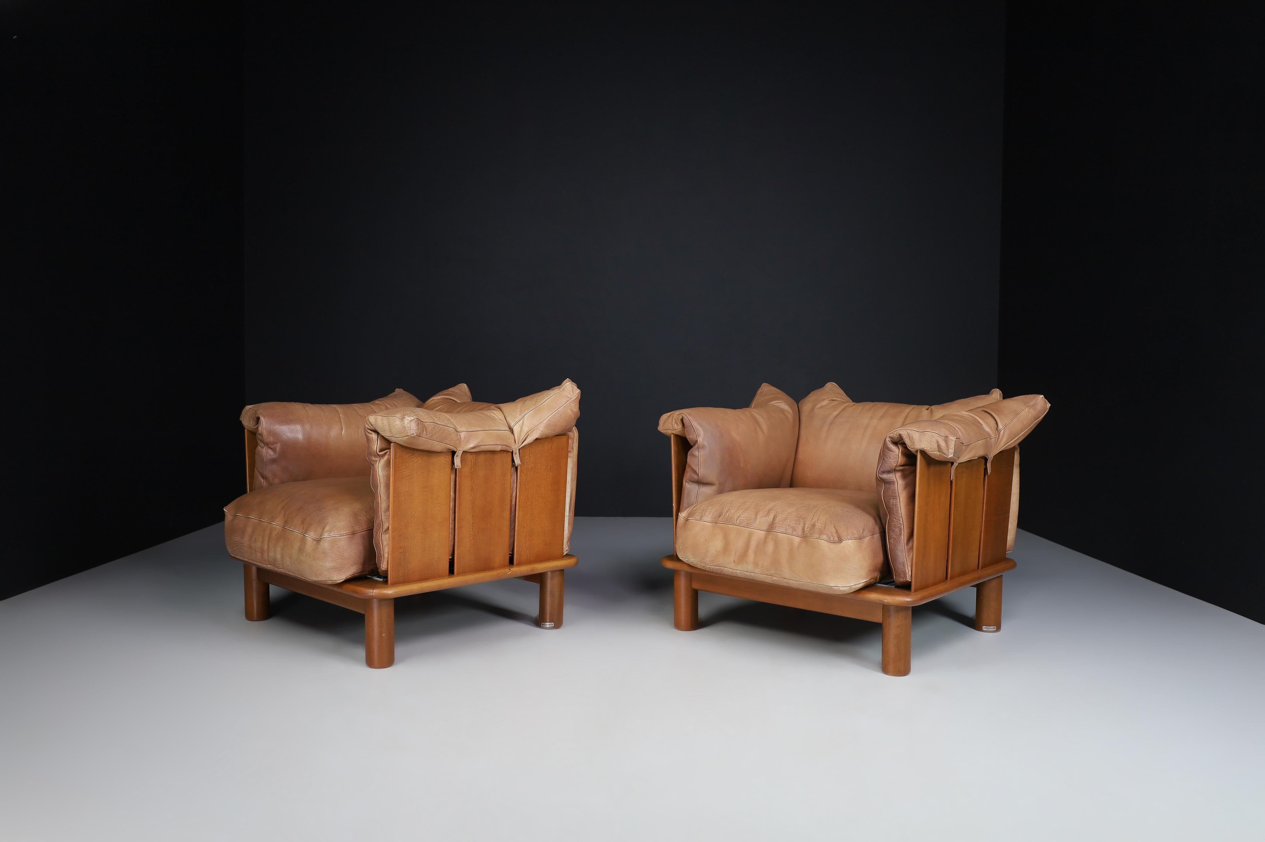 Italian Brown Leather and Walnut Lounge Chairs from De Pas, D'Urbino Lomazzi for Padova