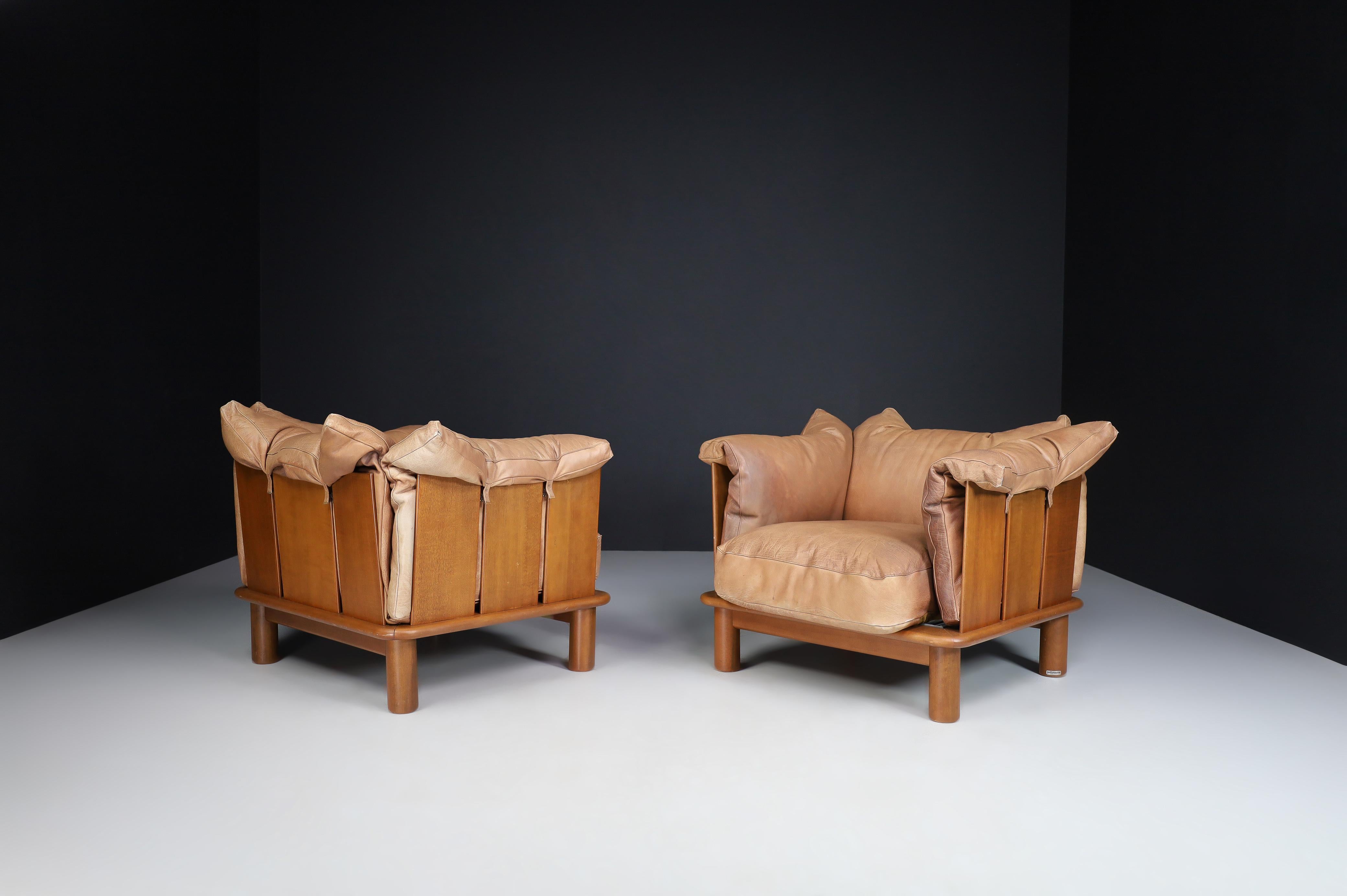 Brown Leather and Walnut Lounge Chairs from De Pas, D'Urbino Lomazzi for Padova In Good Condition In Almelo, NL