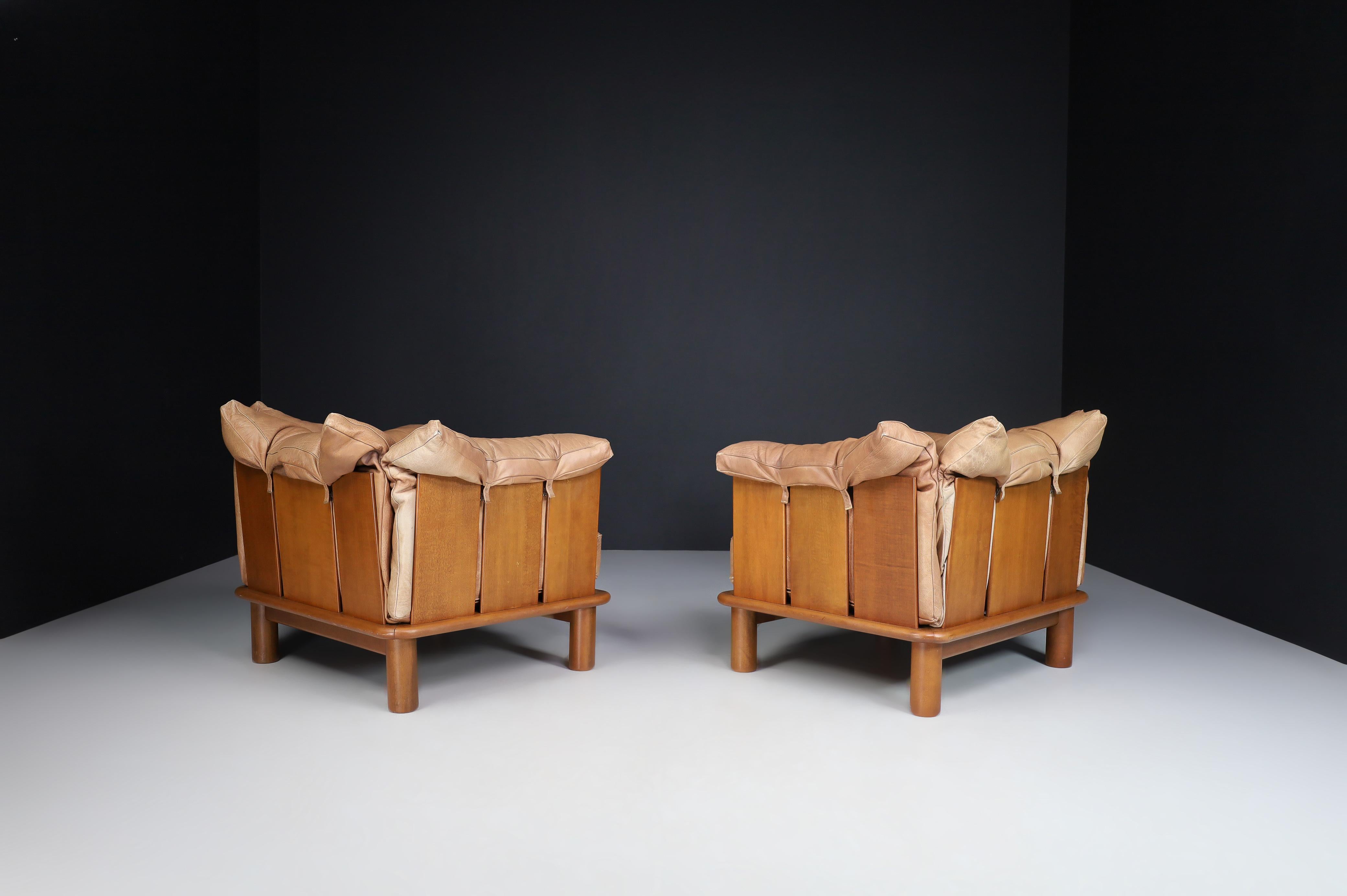 20th Century Brown Leather and Walnut Lounge Chairs from De Pas, D'Urbino Lomazzi for Padova