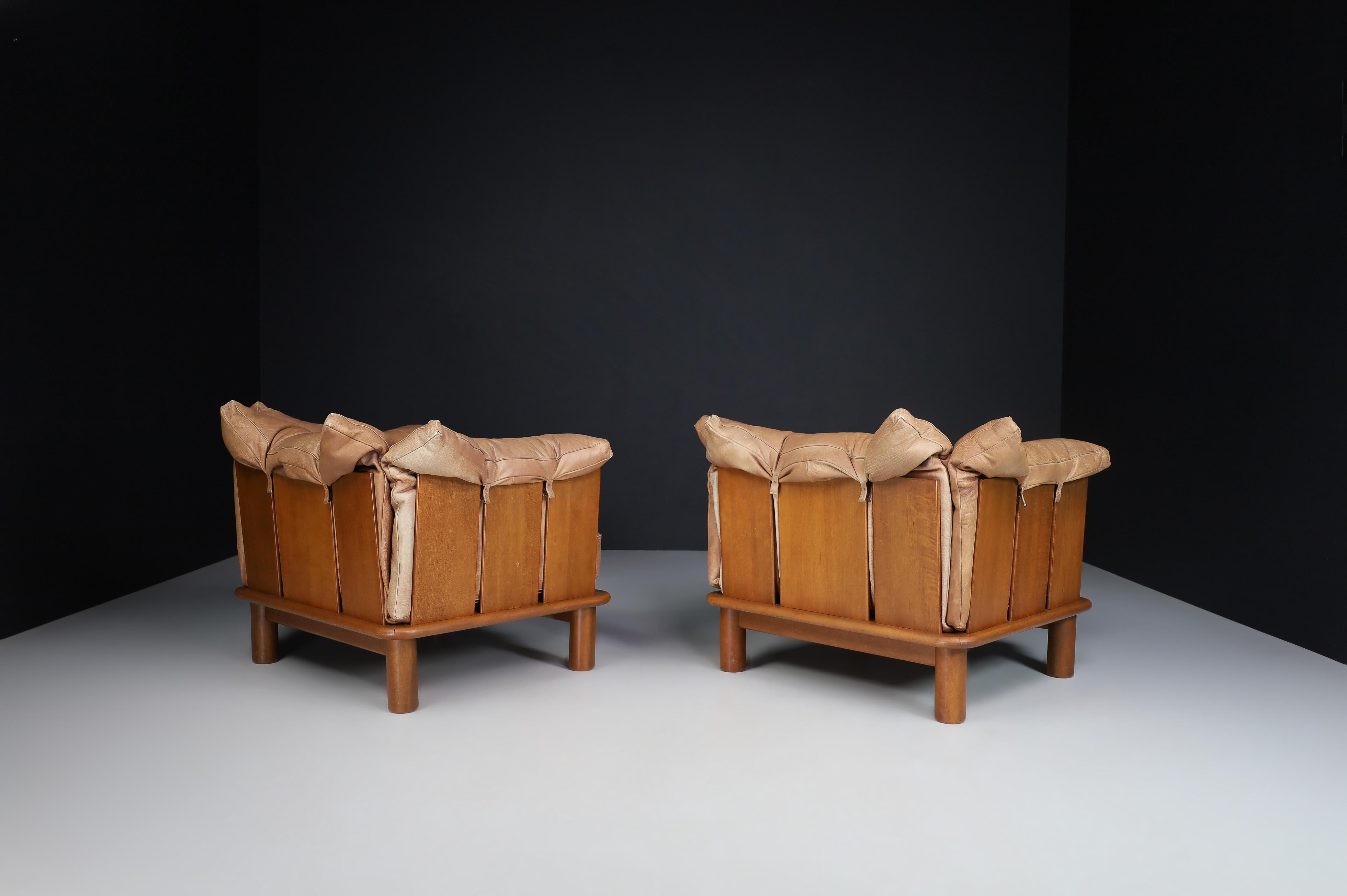 Brown Leather and Walnut Lounge Chairs from De Pas, D'Urbino Lomazzi for Padova 1