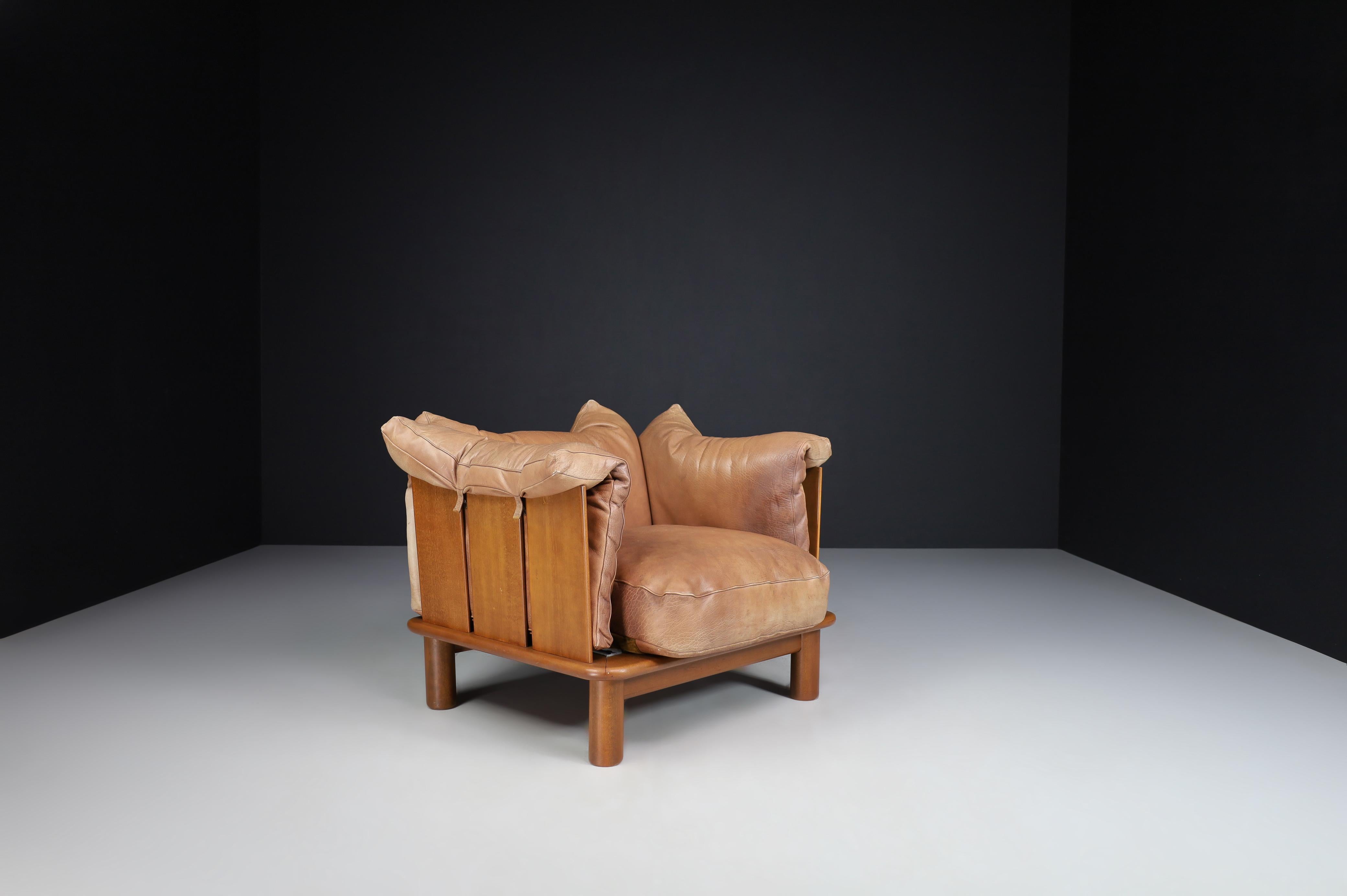 Brown Leather and Walnut Lounge Chairs from De Pas, D'Urbino Lomazzi for Padova 2