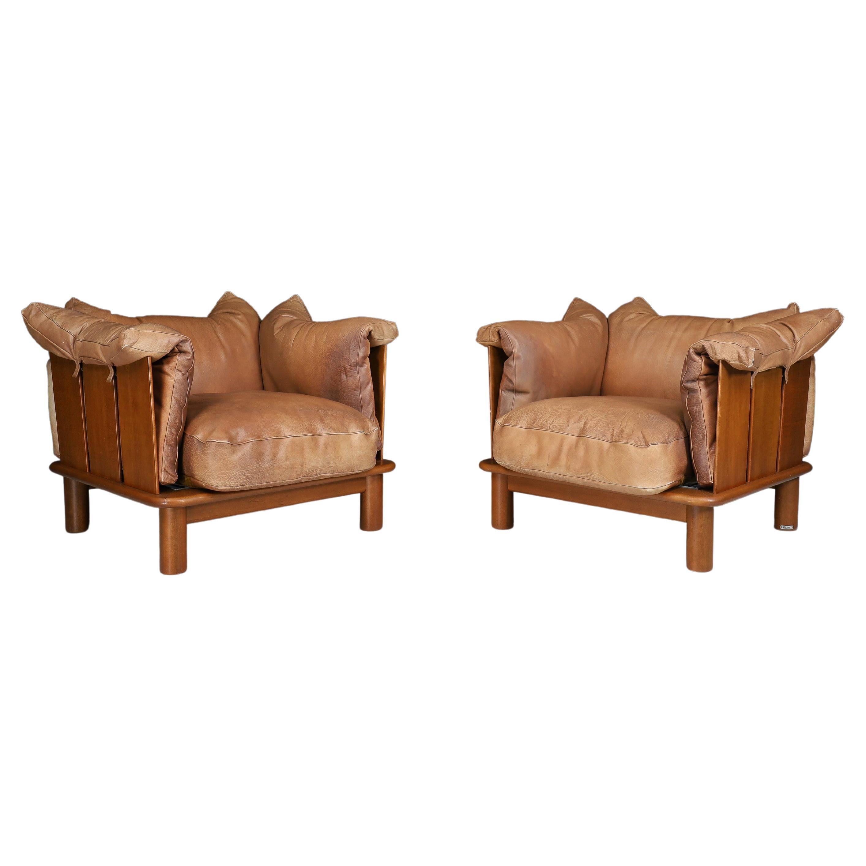 Brown Leather and Walnut Lounge Chairs from De Pas, D'Urbino Lomazzi for Padova