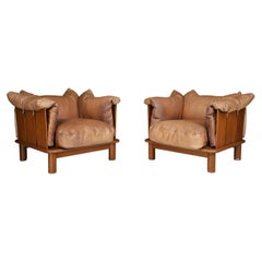 Vintage Brown Leather and Walnut Lounge Chairs from De Pas, D'Urbino Lomazzi for Padova