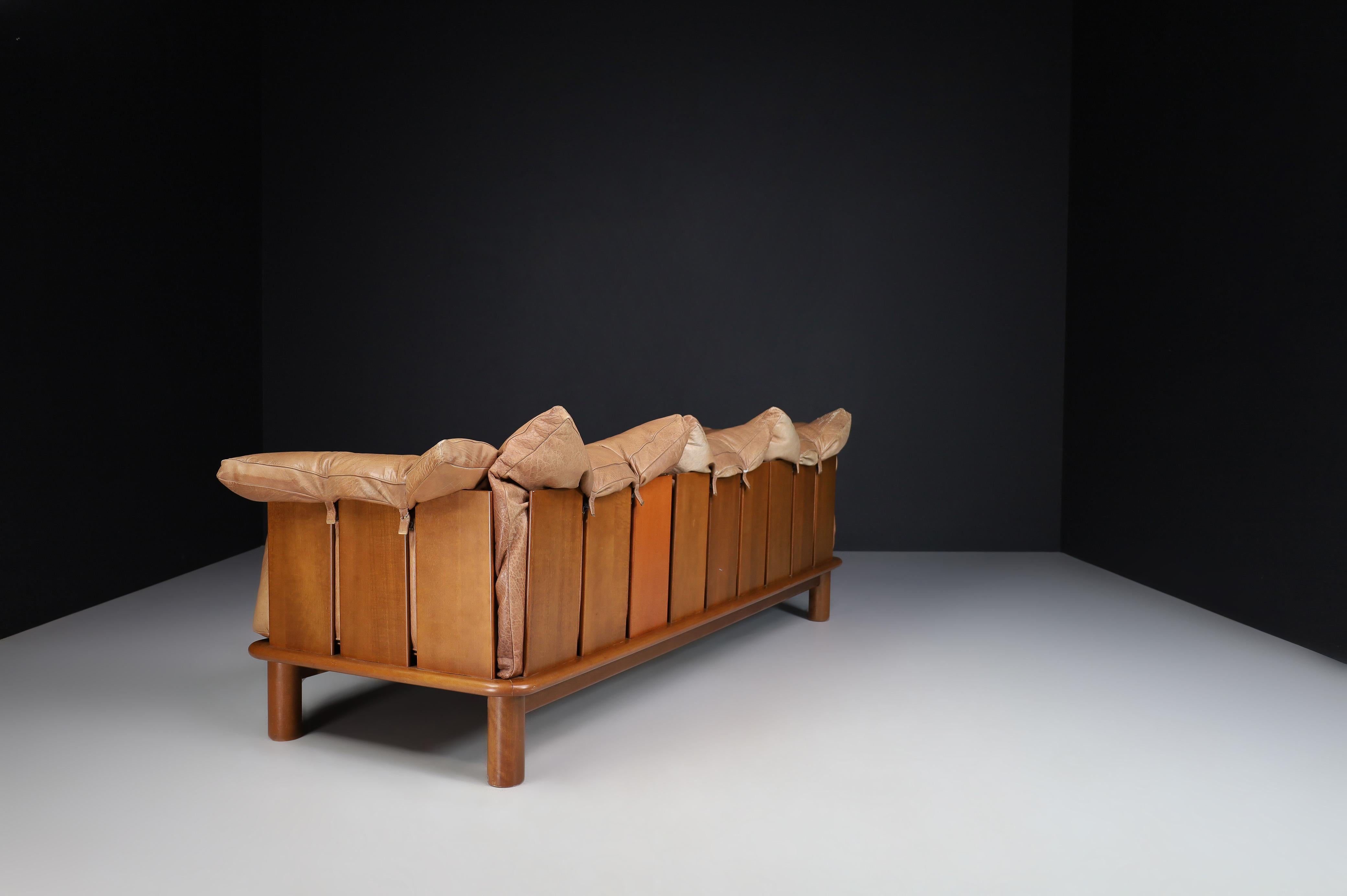 Brown Leather and Walnut XL Sofa from De Pas, D'Urbino Lomazzi for Padova, Italy 1