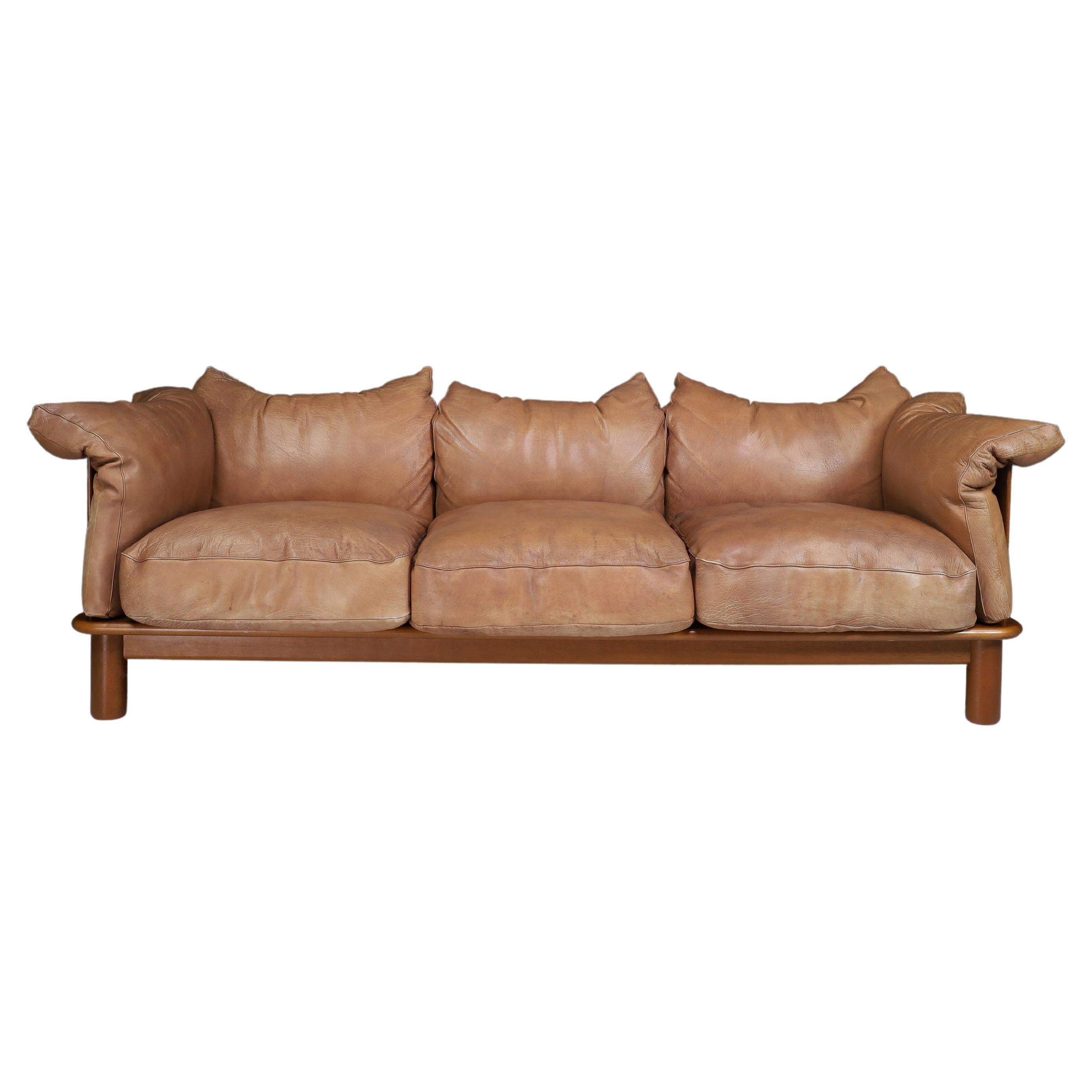 Brown Leather and Walnut XL Sofa from De Pas, D'Urbino Lomazzi for Padova, Italy