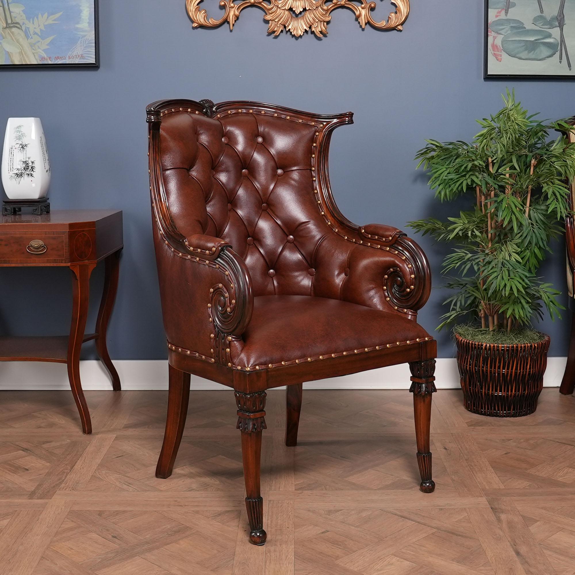 A fine quality Brown Leather Arm Chair from Niagara furniture featuring a solid mahogany frame and full grain genuine leather. We had so many requests for our  traditional fireside chairs to be produced for use in the dining room that we adapted