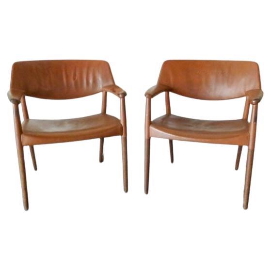 Brown Leather Arm Chairs by Ejner Larsen & Aksel Bender Madsen, Set of 2 For Sale