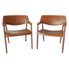 Brown Leather Arm Chairs by Ejner Larsen & Aksel Bender Madsen, Set of 2