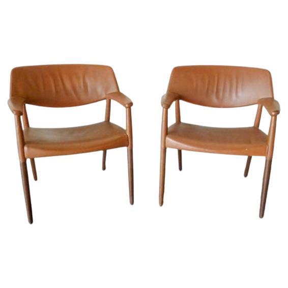 Brown Leather Arm Chairs by Ejner Larsen & Aksel Bender Madsen, Set of 2