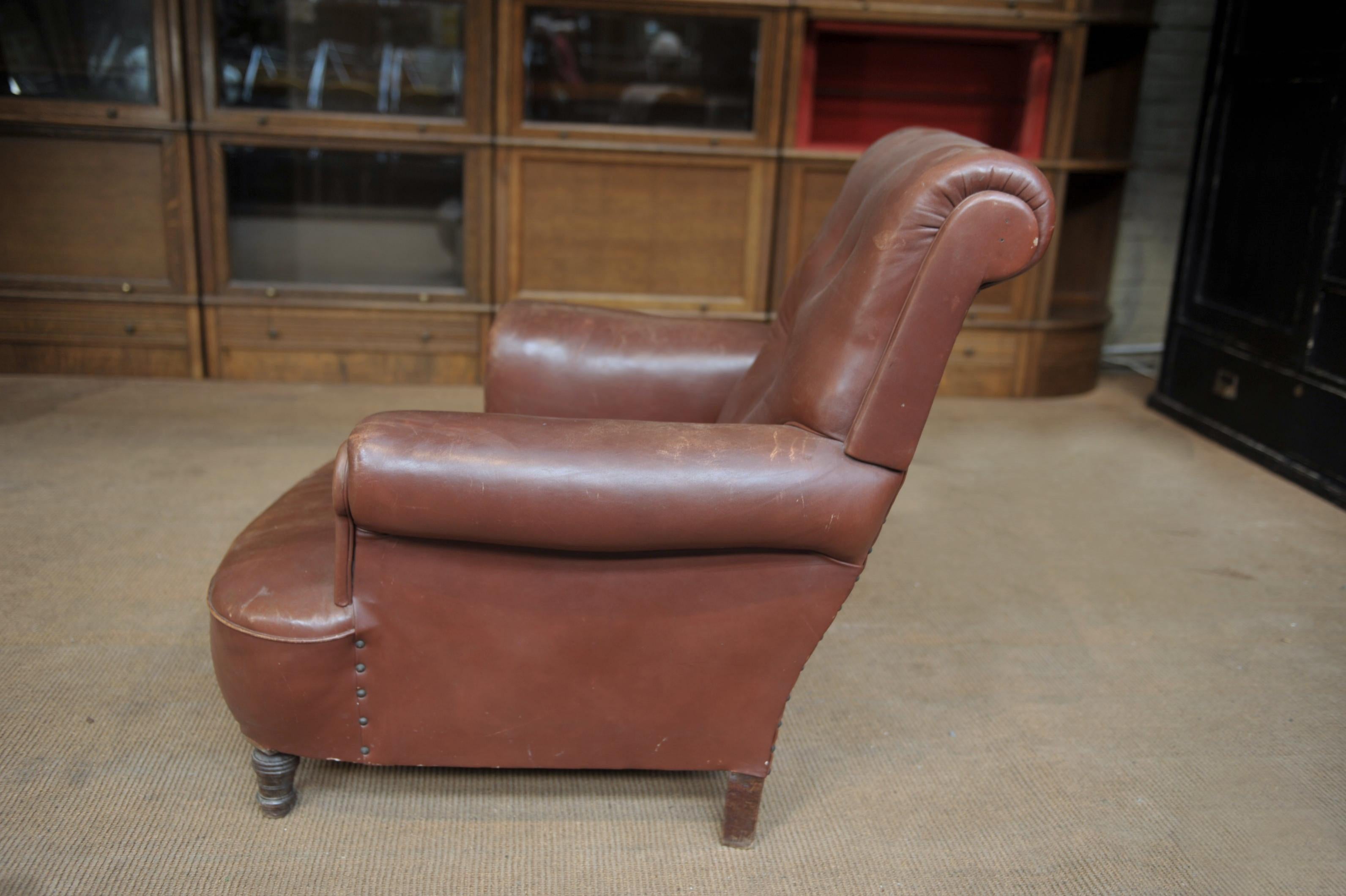 European Brown Leather Armchair, Circa France, 1900 For Sale