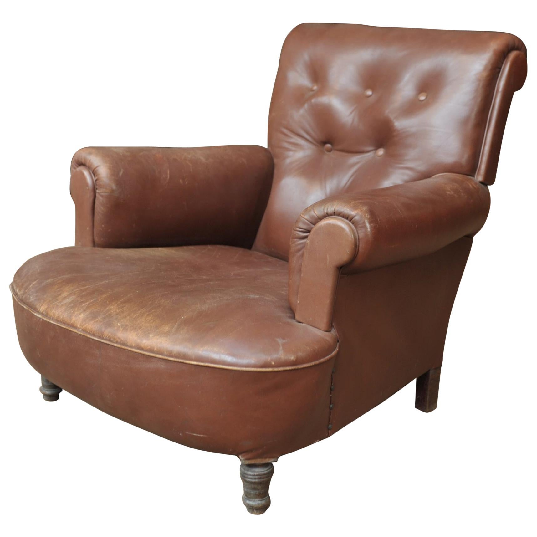 Brown Leather Armchair, Circa France, 1900 For Sale